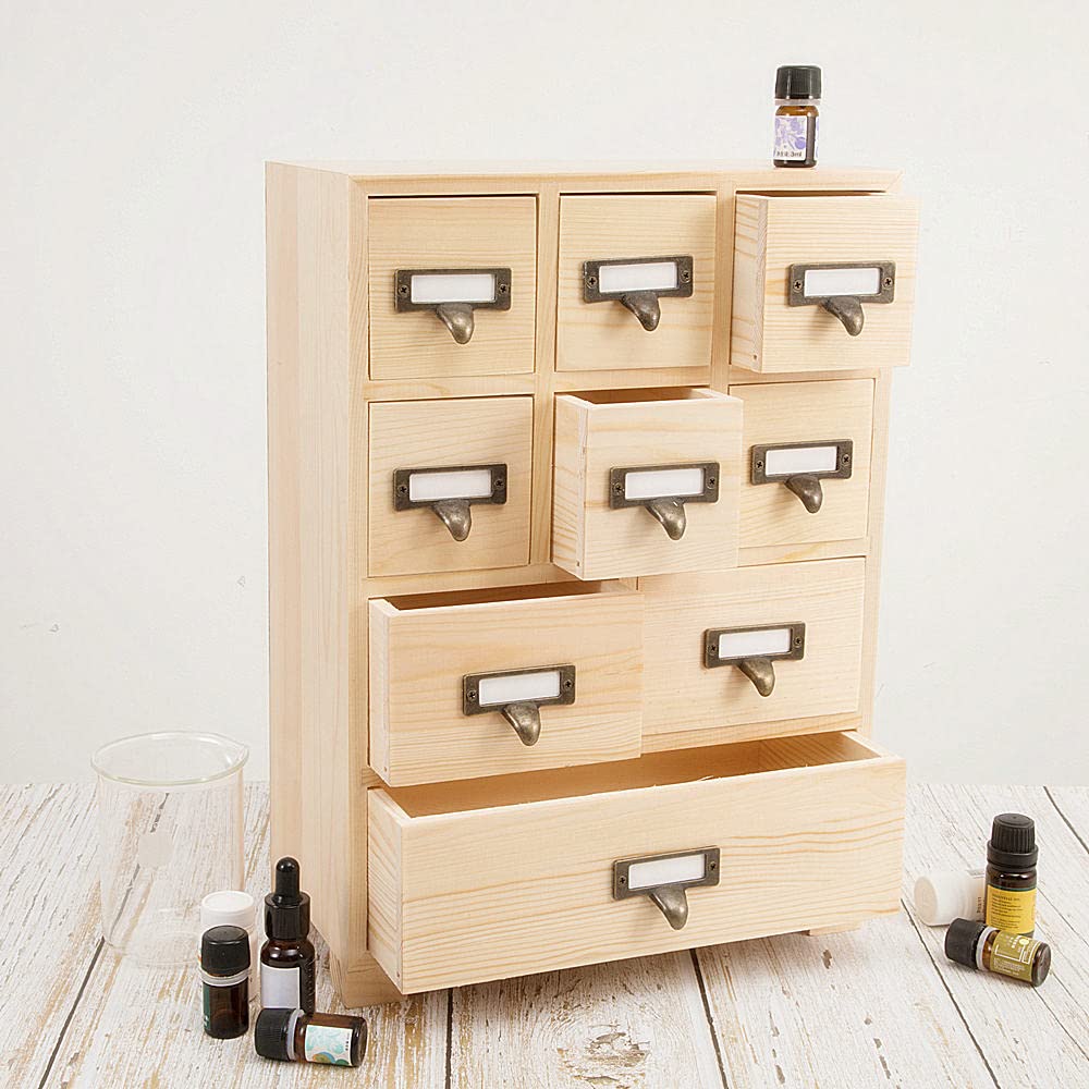 PACKGILO Apothecary Cabinet with 9 Drawers & Labels Rustic Library Card Catalog Cabinet Desktop Wooden Storage Box for Organize Herbal、Tea Bag、Jewelry (Wood)