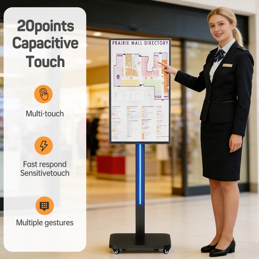 JASZDOT 32 Inch Digital Signage Display on Wheels, Portable LCD Touch Digital Kiosk with Adjustable Rolling Stand, Phone App Control Android 14 Advertising Display Poster, Auto Media Player, HDMI/USB