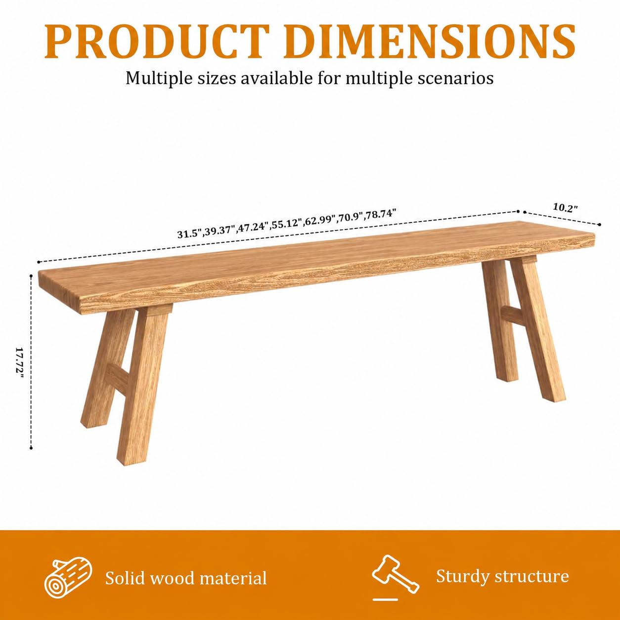BTUASSDY Solid Wood Entryway Bench - Rustic Elm Farmhouse Dining Bench for Hallway, Bedroom, Kitchen - 2-Person Seating, Natural Wood Finish
