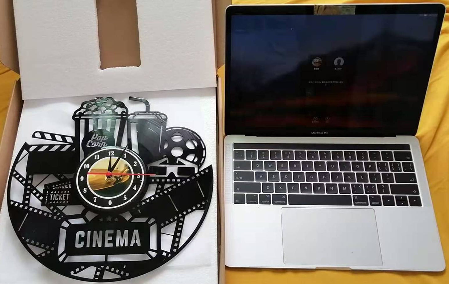Home Theater Cinema and Popcorn Vinyl Record Wall Clock Movie Film Time Clock Watch Room Wall Home Theater Wall Decor Wall Art Gift for Movie Lover (NO LED)