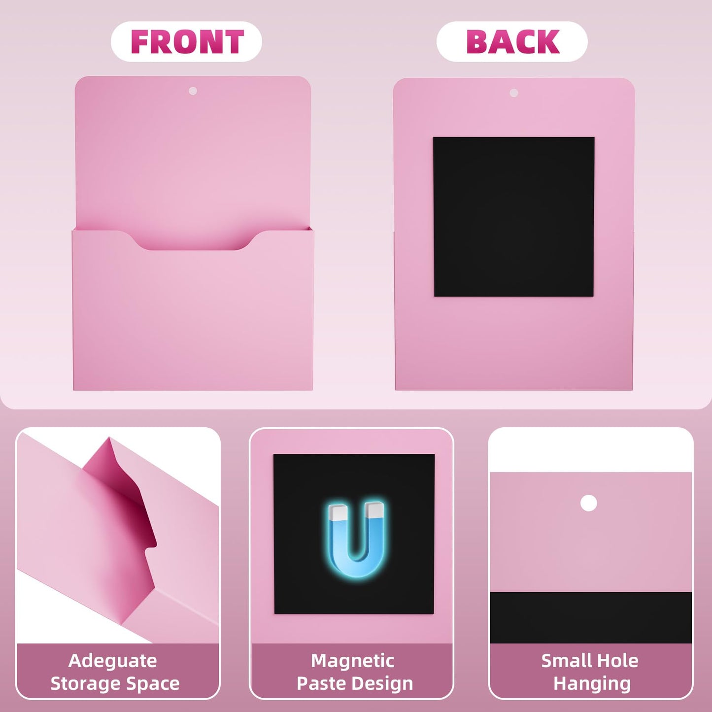 Magnetic File Holder - Magnetic Paper Holder, Pocket Organizer Office Supplies Storage Mail Organizer for Notebooks,Planners,Letter (Pink)