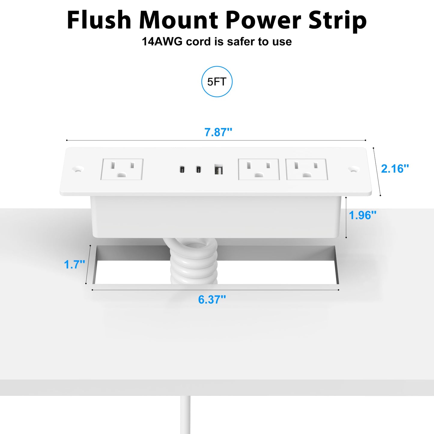 Furniture Drawer Outlet, Recessed Power Strip with (3) PD 20W USB Ports Fast Charging & (3) 15 Amp AC Outlets, (14 AWG) 5 FT White Spring Cord