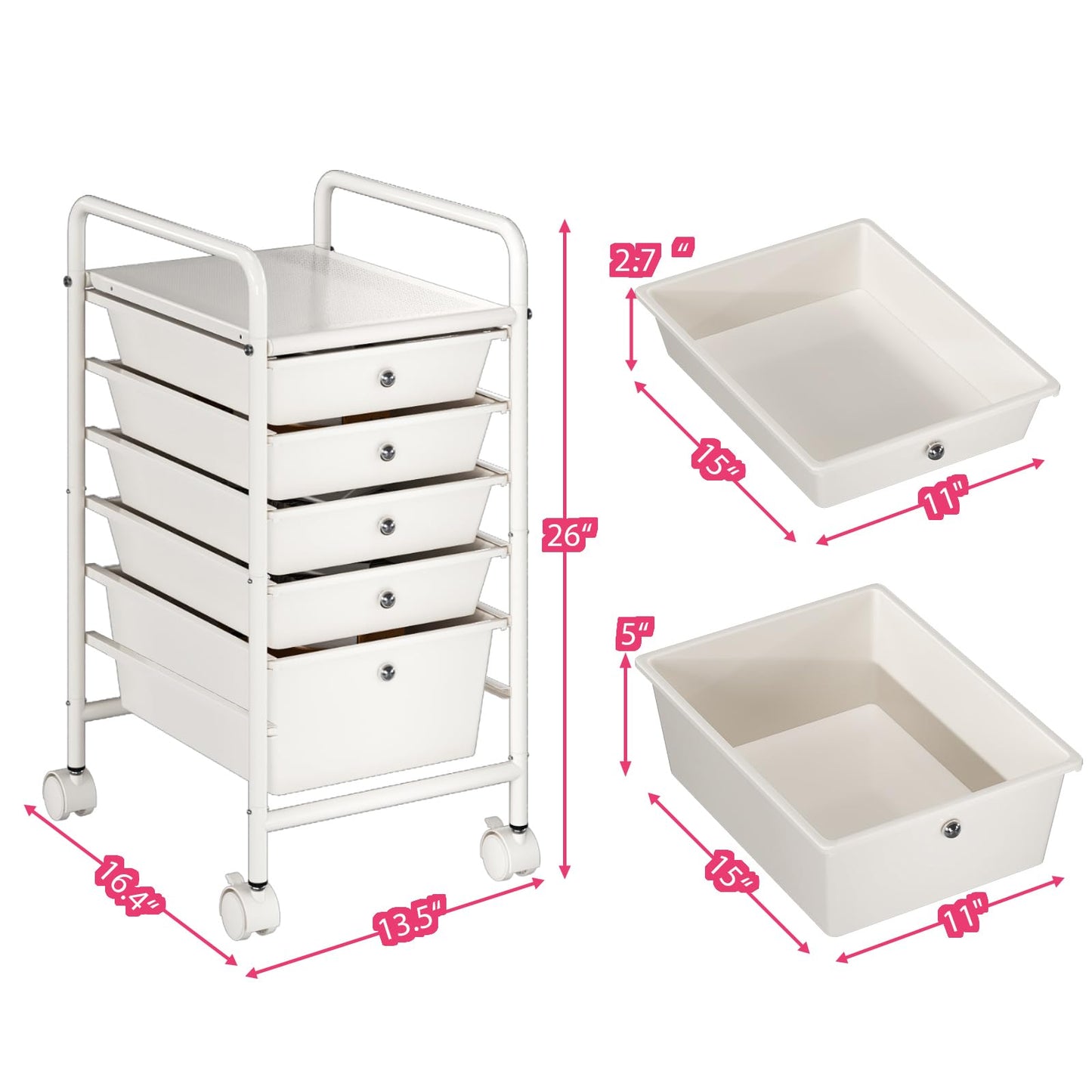 Shrivee 6-Tier Rolling Cart with 5 Drawers, Rolling Utility Cart with 2 Lockable Caster Wheels, Multipurpose Mobile Rolling Storage Drawer Cart for Office Bathroom Kitchen, Ivory White