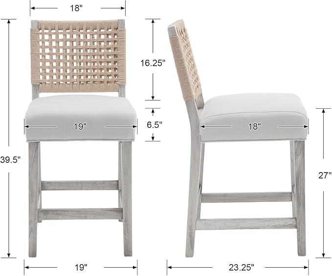 27" White Bar Stools for Kitchen Counter, Mid Century Linen Fabric Counter