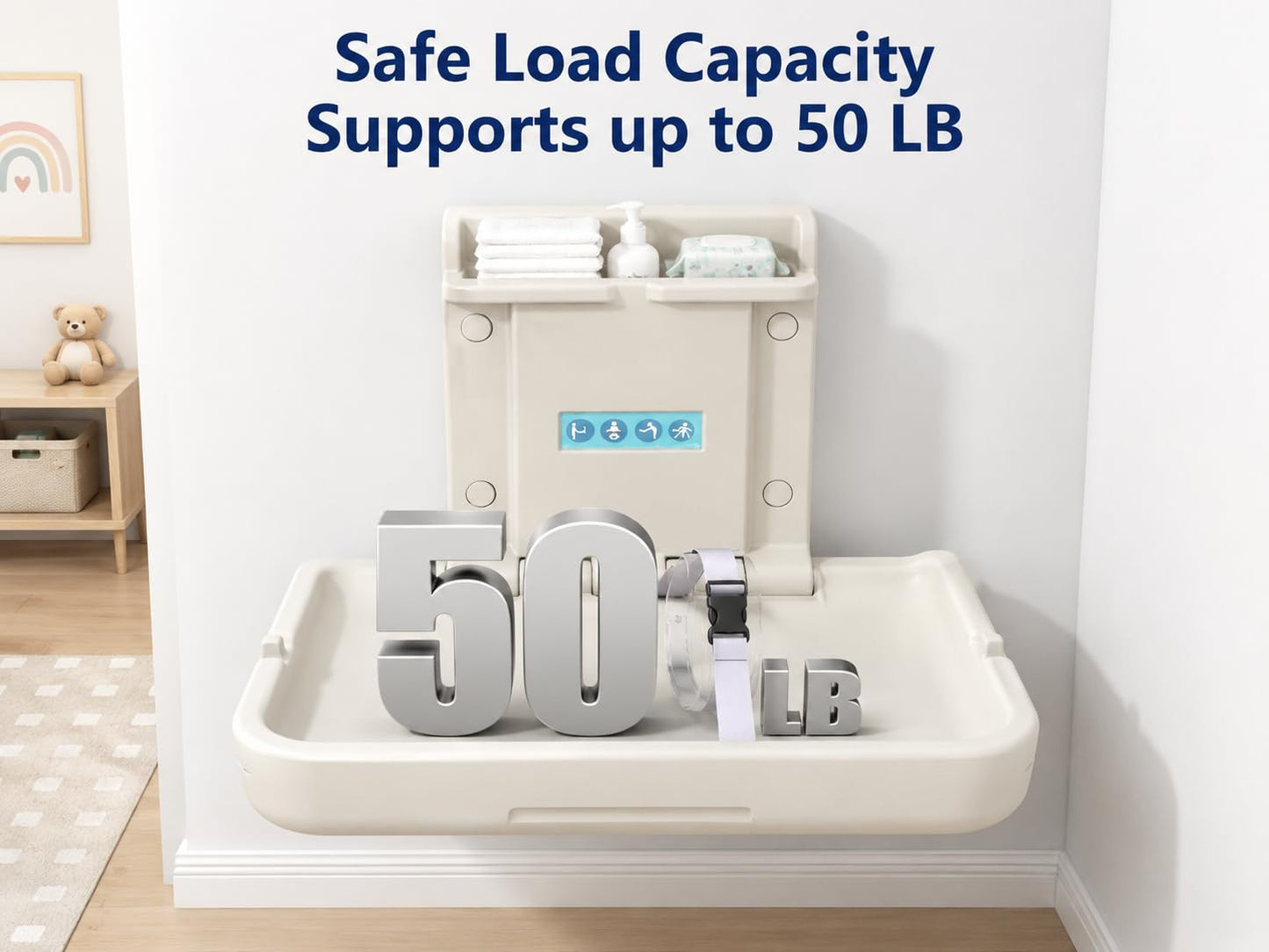 Modundry Wall Mounted Baby Changing Station - Horizontal Baby Changing Table Foldable Diaper Tables with Safety Strap for Commercial Bathroom，White Granite
