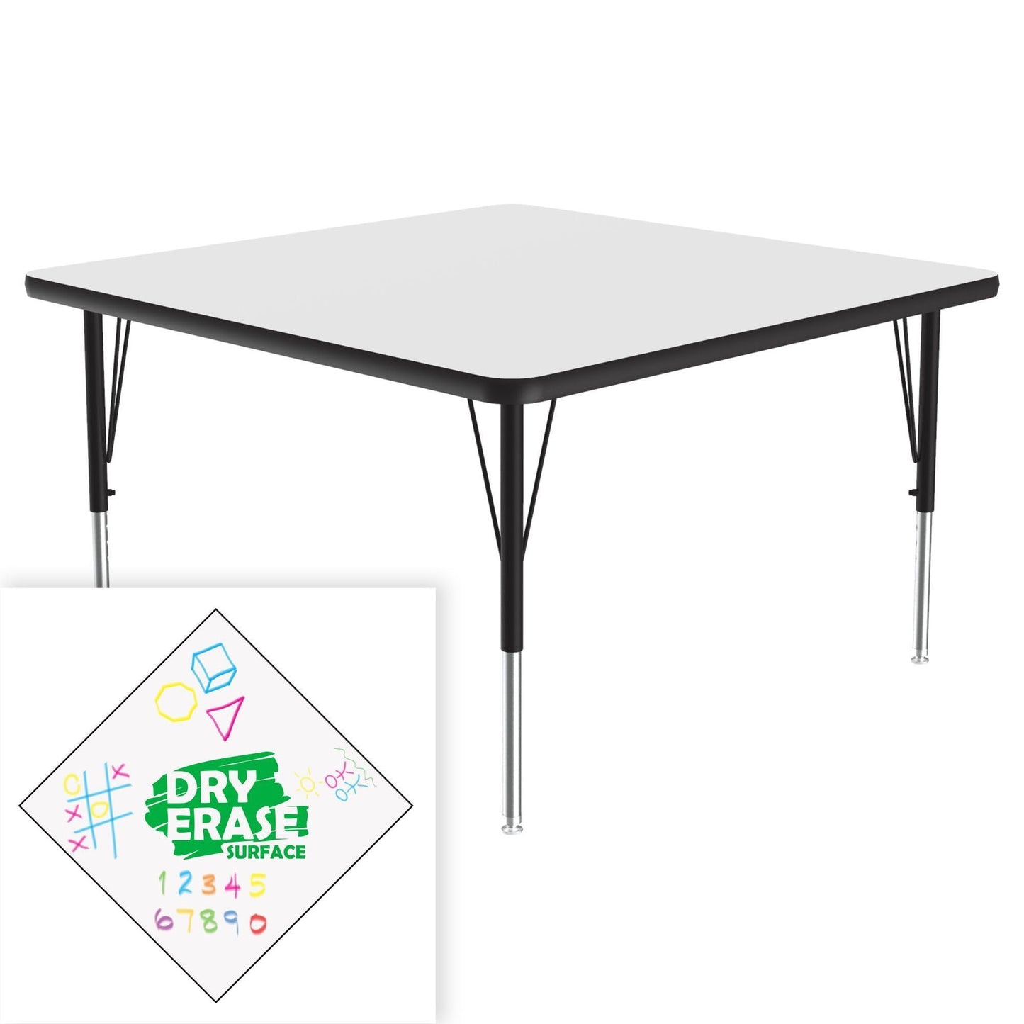 Correll 48"x48" Square, Classroom Dry Erase/Markerboard Top Activity Table, Height Adjustable (19"-29), White Durable High Pressure Laminate, School Furniture, Made in The USA