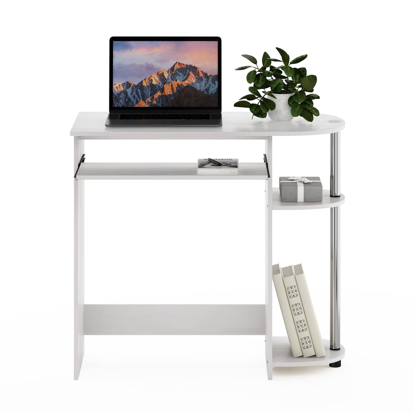 Furinno Simplistic Easy Assembly Computer Desk, with Keyboard Tray, White Oak/Stainless Steel