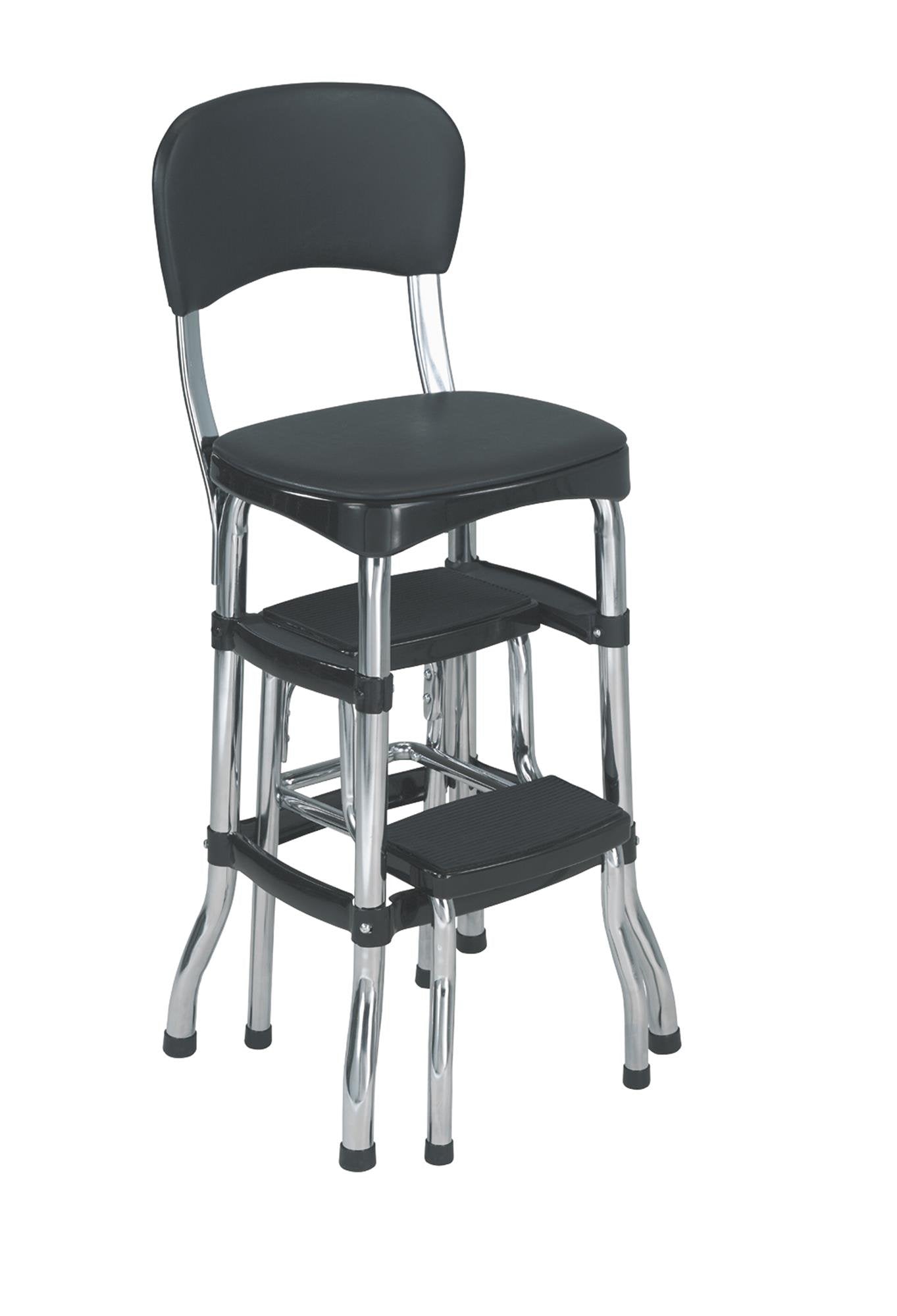 COSCO Retro Plastic & Vinyl Upholstered Stylair Retro Counter Height Chair with Step Stool, Comfortable Cushioned Seat and Back, in Black & Chrome Finish