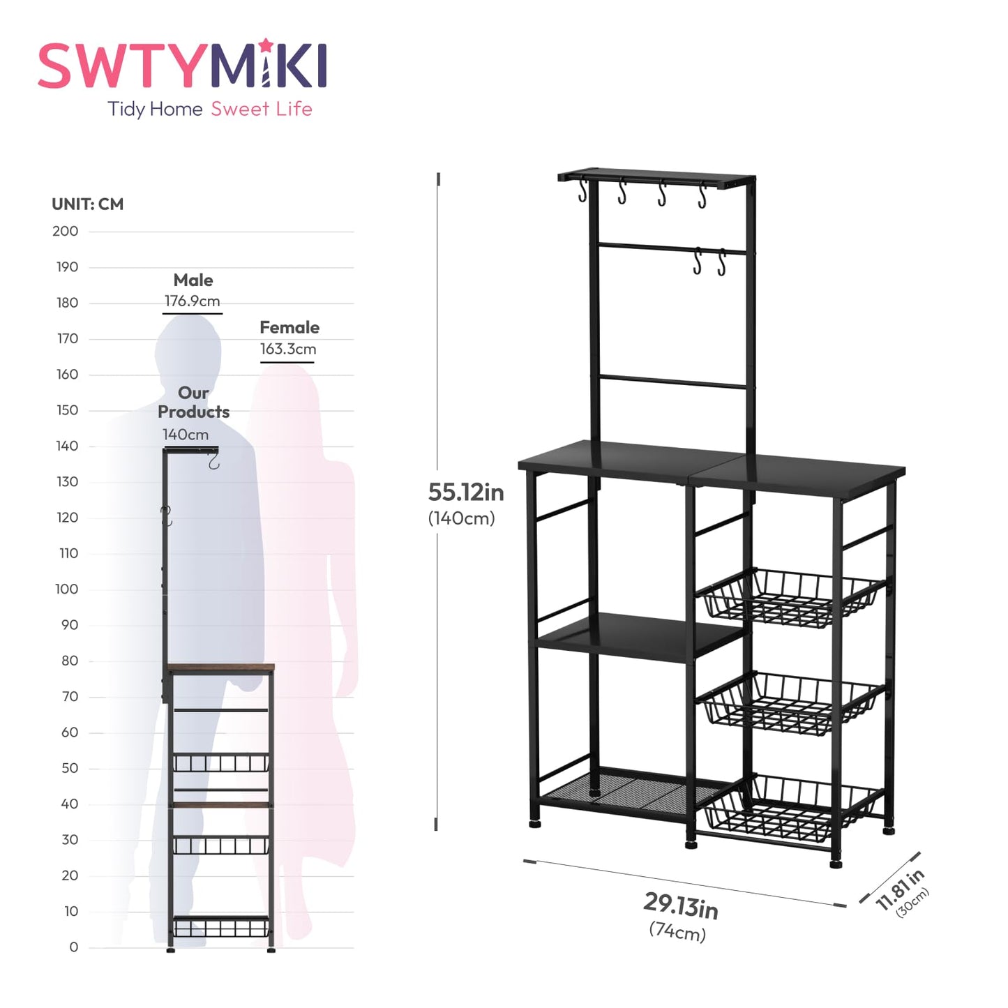 SWTYMIKI Bakers Rack with Storage - Coffee Bar Cabinet with Shelves, Coffee Station Organizer and Kitchen Stand with 8 Hooks, Baskets, Adjustable Feet for Kitchen Dining Room Pantry, Black