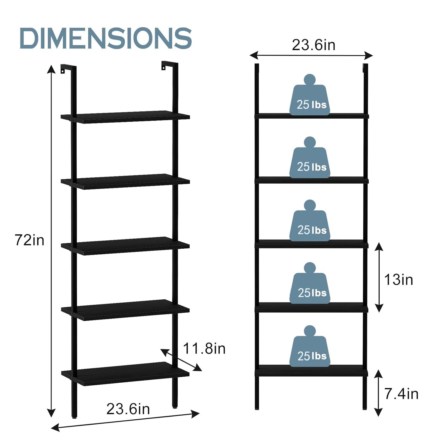 aboxoo Ladder Shelf Open 5-Tier Bookshelf Wall-Mounted Black Wood Bookcase Storage Rack Open Industrial Modern Plant Stand Utility Organizer Bookcase Metal Frame Furniture Office Bedroom