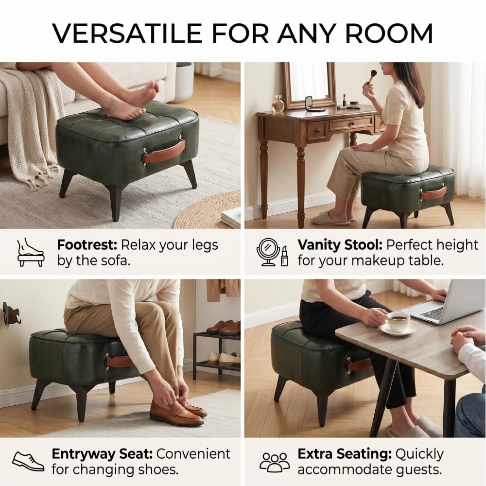Vintage Style Faux Leather Ottoman Footstool - Wooden Frame, Upholstered Interior, Multi-Use Footrest for Living Room, Entryway, Office (Green Black)