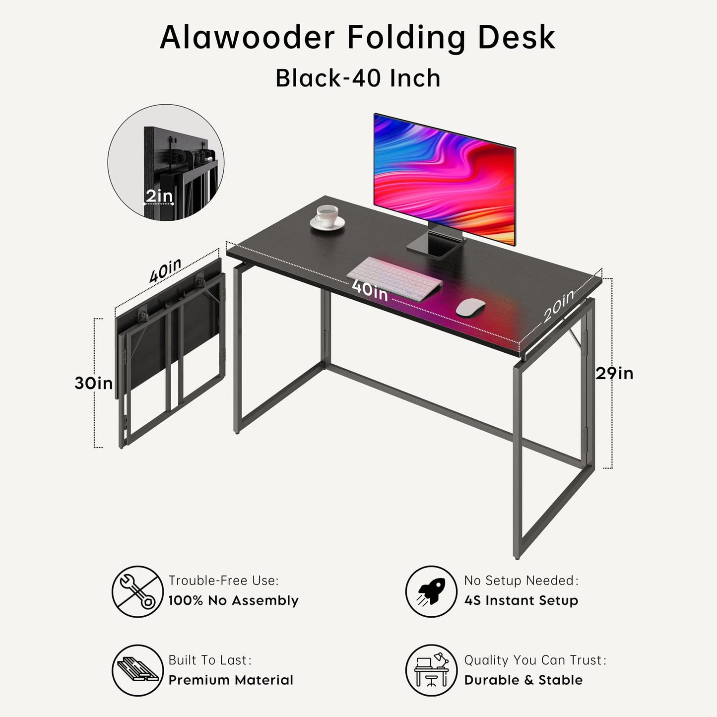 alawooder Folding Desk - 39.4” Wood Top Foldable Desk for Small Spaces | No Assembly Required Compact Desk for Home Office, Writing, and Study