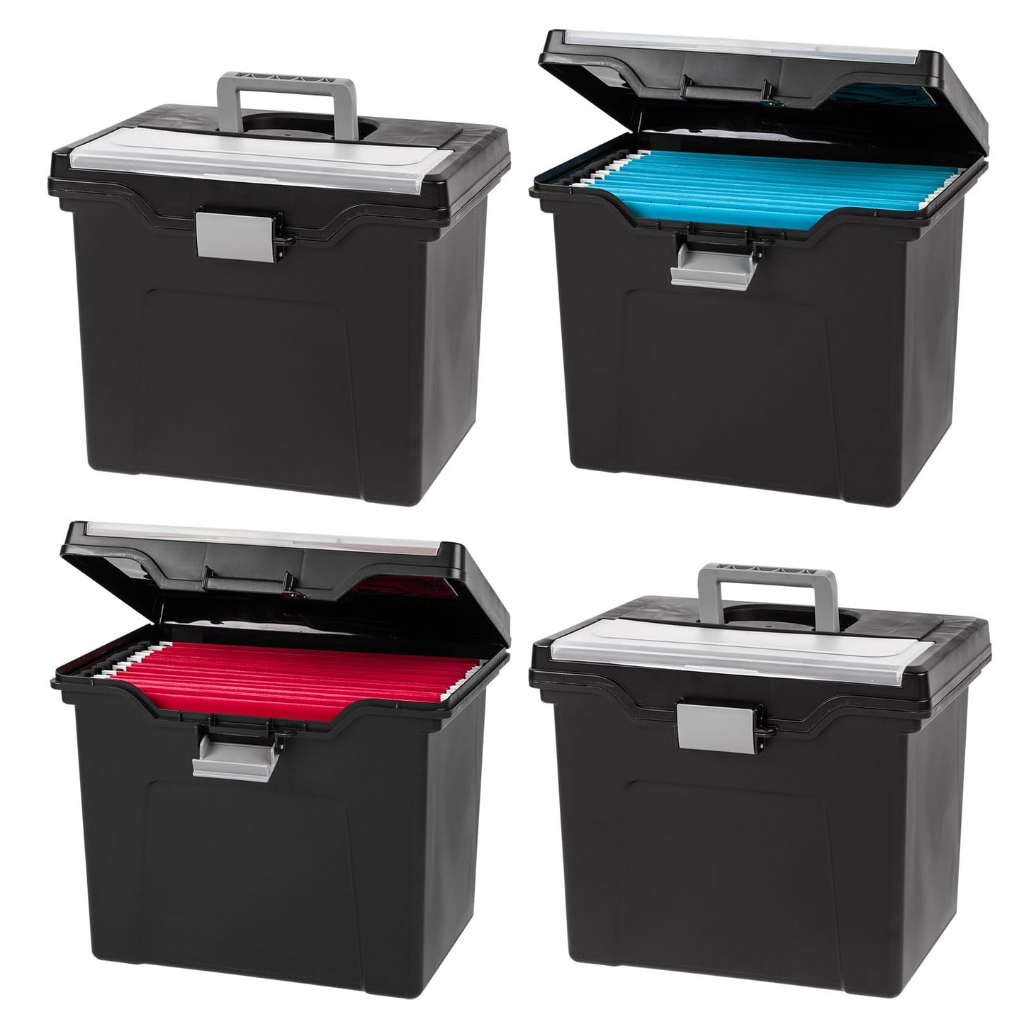 IRIS USA File Box with Lid File Organizer for Letter File w/Organizer-Lid, Water Resistant Document Box, Plastic Mobile Filing Organizer, Secure Buckle, Portable Handle, Lockable, Black 4 Pack