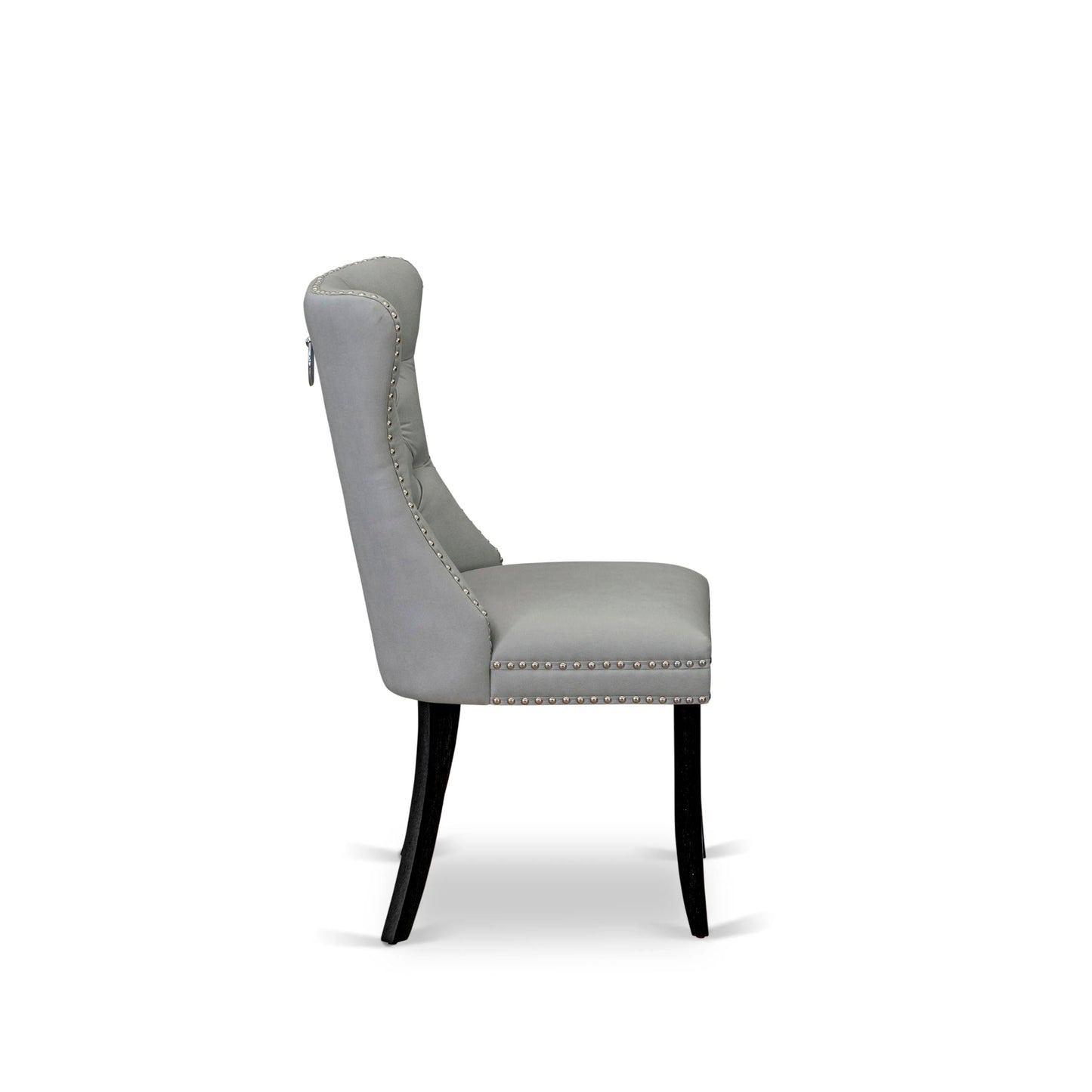 East West Furniture DAP6F27 Dallas Parson Dining Room Chairs - Button Tufted Nailhead Light Gray Polyester Fabric Padded Chairs, Set of 2, Wirebrushed Black