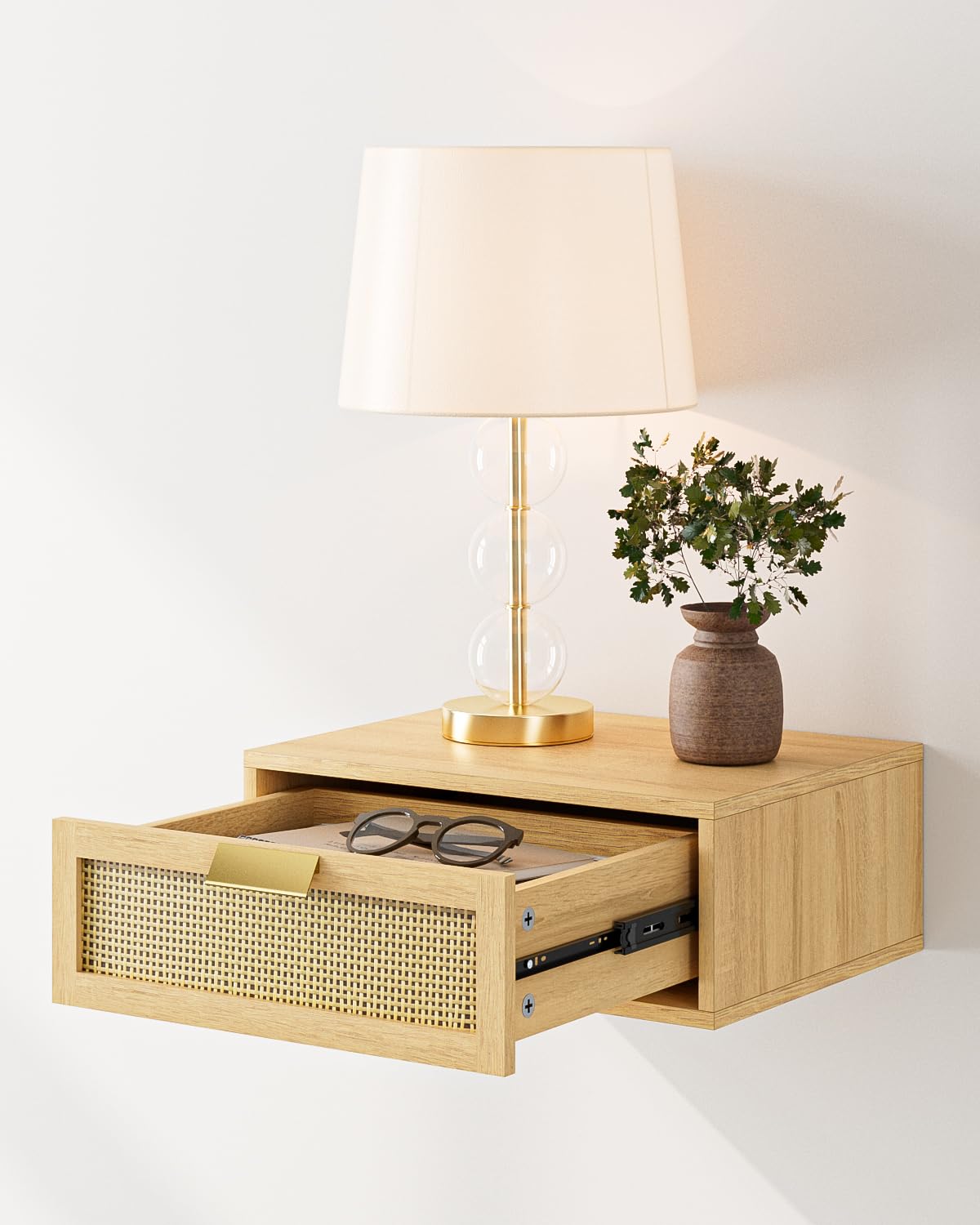 Aienvey Floating Nightstand, Floating Shelf with Drawer, Wall Mounted Nightstand, Floating Bedside Table (Oak Rattan)