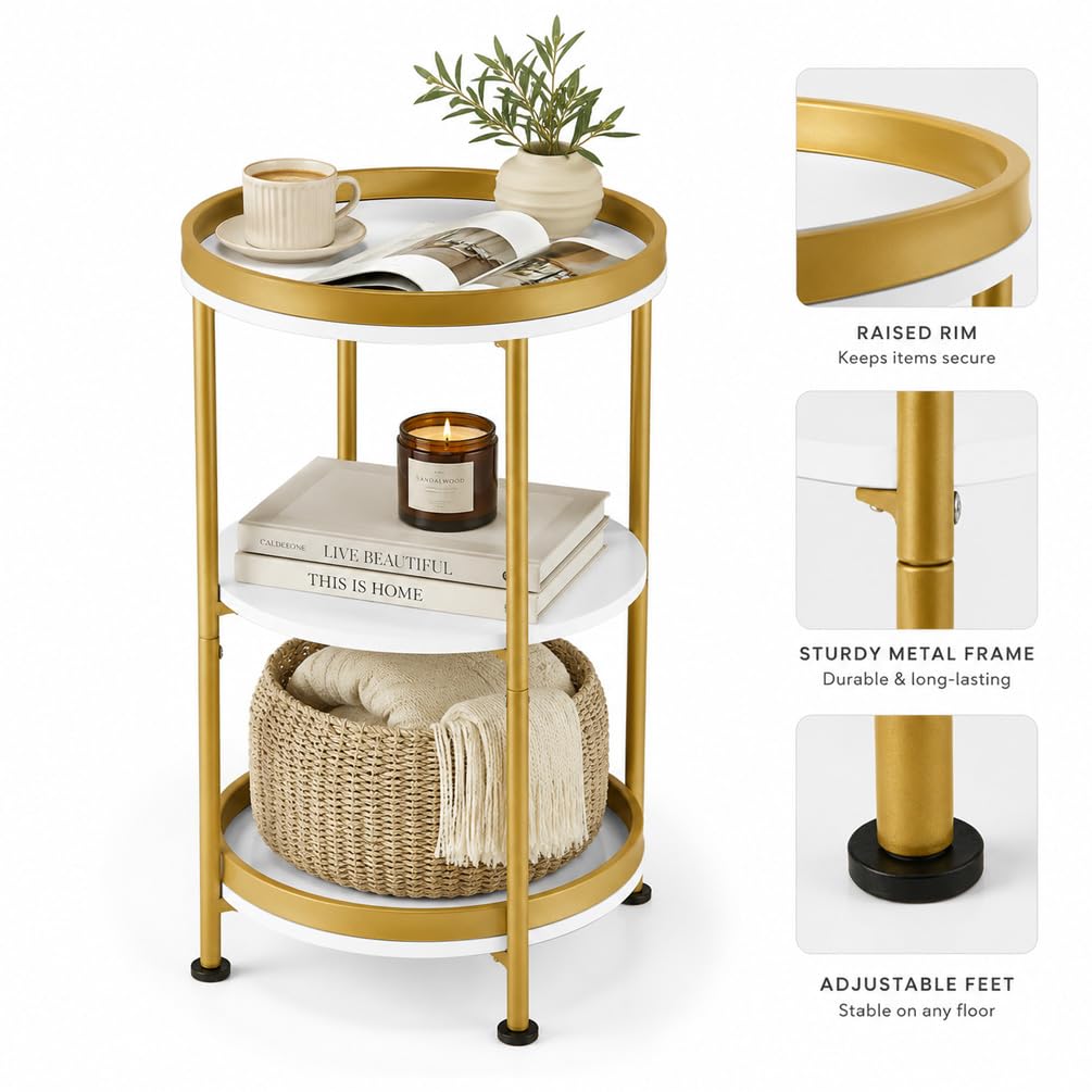 Dulcii Round Side Table with Storage Tray for Living Room, 15" L x 15" W x 24" H Bedroom Nightstand 3 Tiers Bedside Table with Steel Frame for Small Spaces (White & Gold)