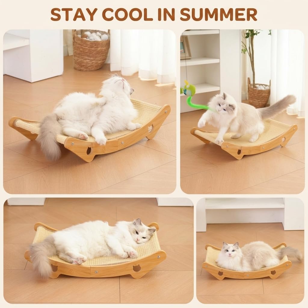 Cat Scratcher Hammock Bed, U-Shaped Wood Sisal Lounger, Furniture Protector