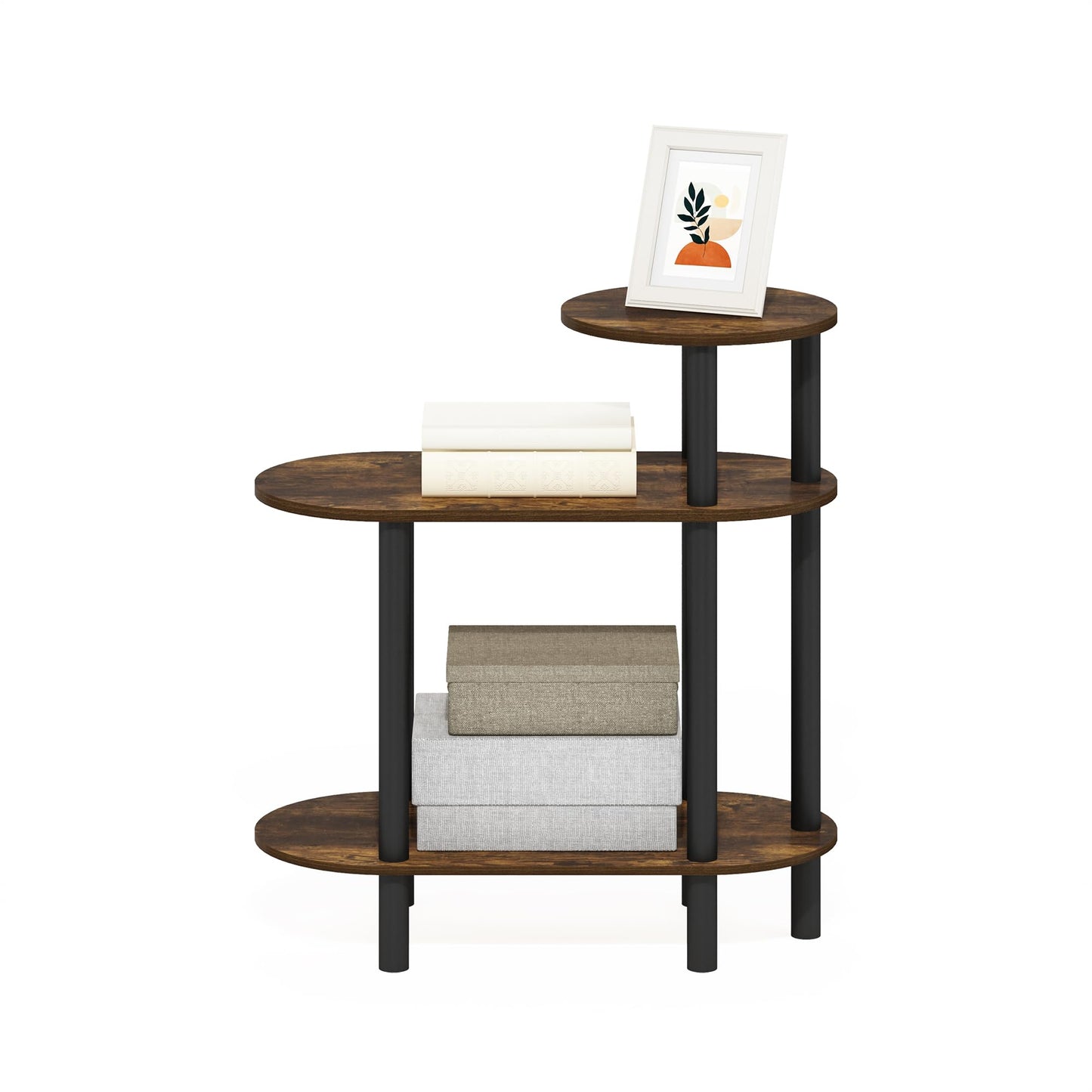 Furinno Turn-N-Tube Side Table, 3-Tier Oval Sofa End Table with Open Shelf, Toolless Assembly Night Stand, Bedside Table, for Living Room, Bedroom, Amber Pine
