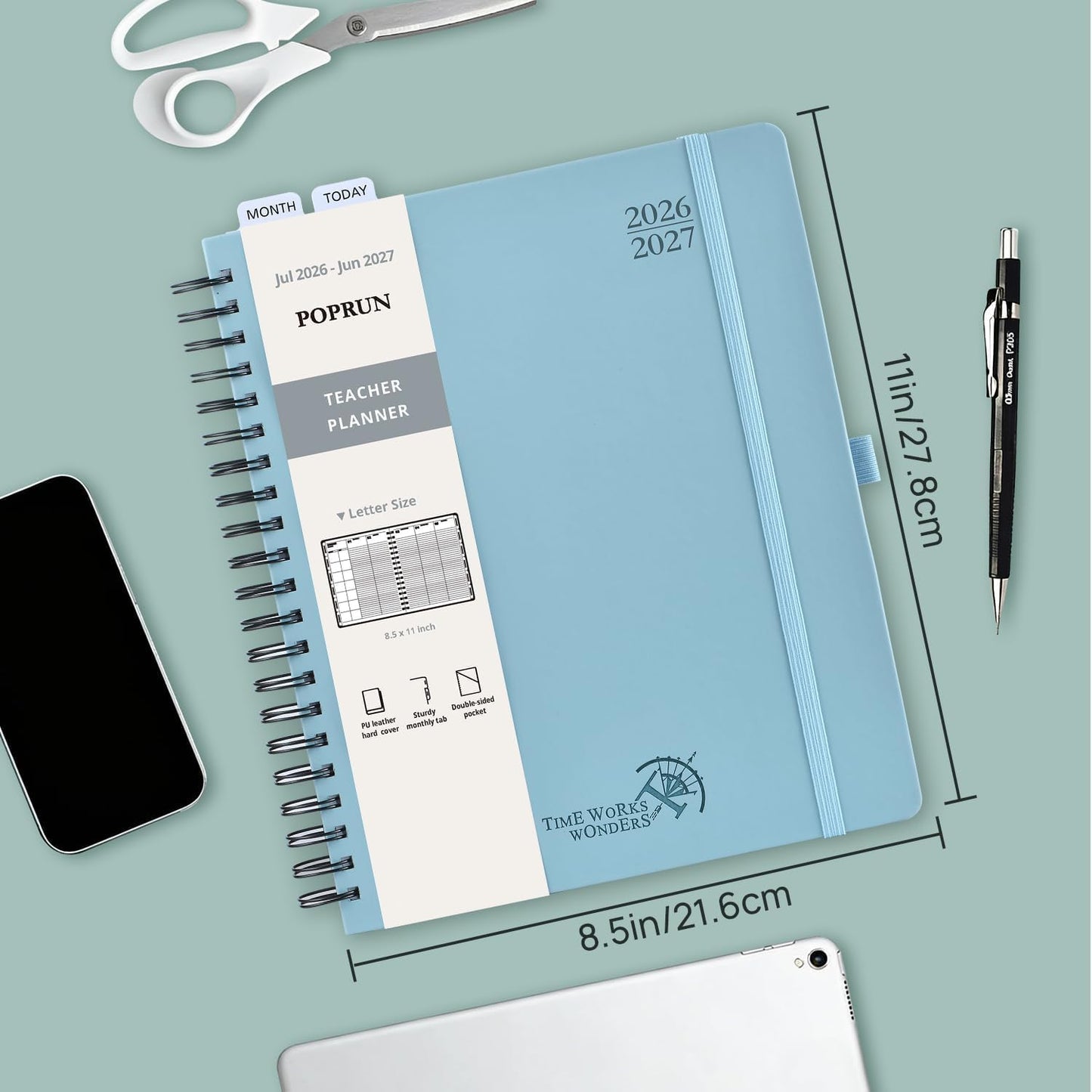 POPRUN Teacher Lesson Planner 2026-2027, (Letter Size - 8.5'' x 11'') Academic Planner July 2026 - June 2027 with Gradebook & Color Monthly Tabs, Thick Paper, 2-Sided Pocket, Leather Cover, Brown