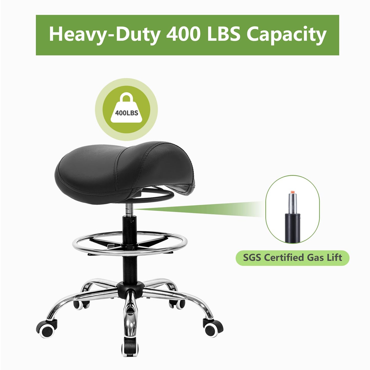 Ergonomic Salon Stool, Black Rolling Saddle Chair with Footrest, Height Adjustable Swivel Seat with Wheels for Hairdresser, Barber, Tattoo Artist, Spa
