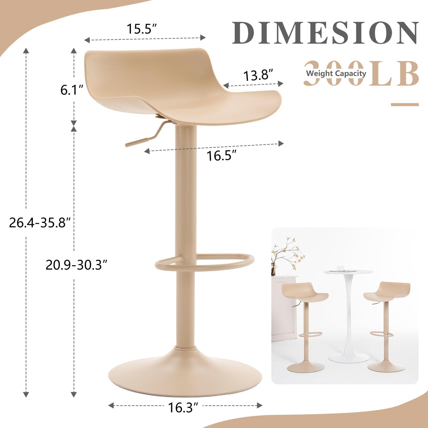 YOUNIKE Adjustable Height Bar Stools Set of 2 Plastic Swivel Barstool with Low Back Modern Kitchen Counter Island Bar Chairs for Breakfast Nook Cafe Bars Light Khaki