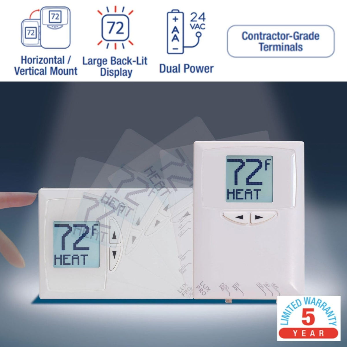 Lux Pro PSD111B Non-Programmable Thermostat for Home Use; 1 Heat, 1 Cool