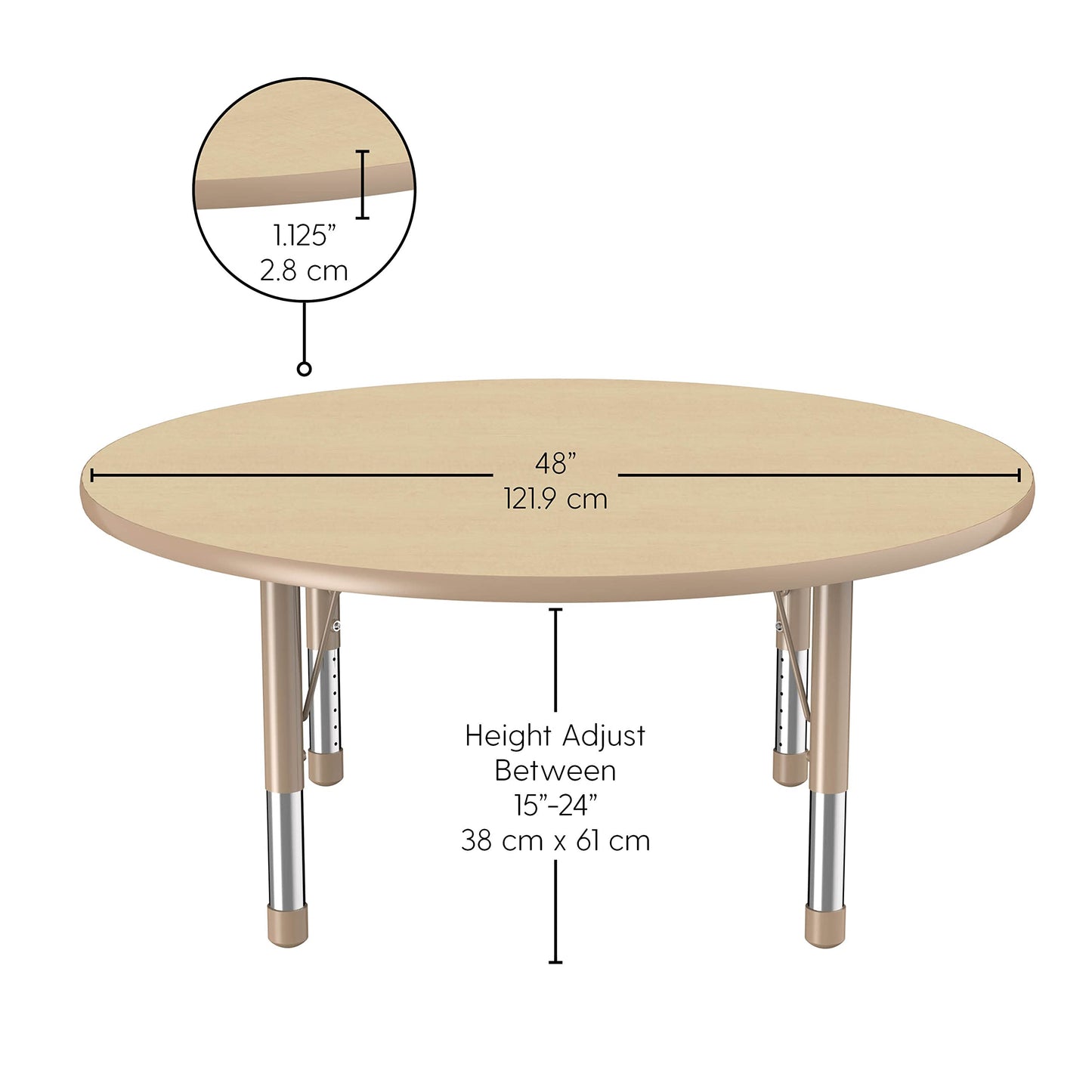 Factory Direct Partners FDP Round Activity School and Classroom Kids Table (48 inch), Chunky Toddler Legs, Adjustable Height 15-24 inches - Maple Top and Maple Edge with Sand Table Legs