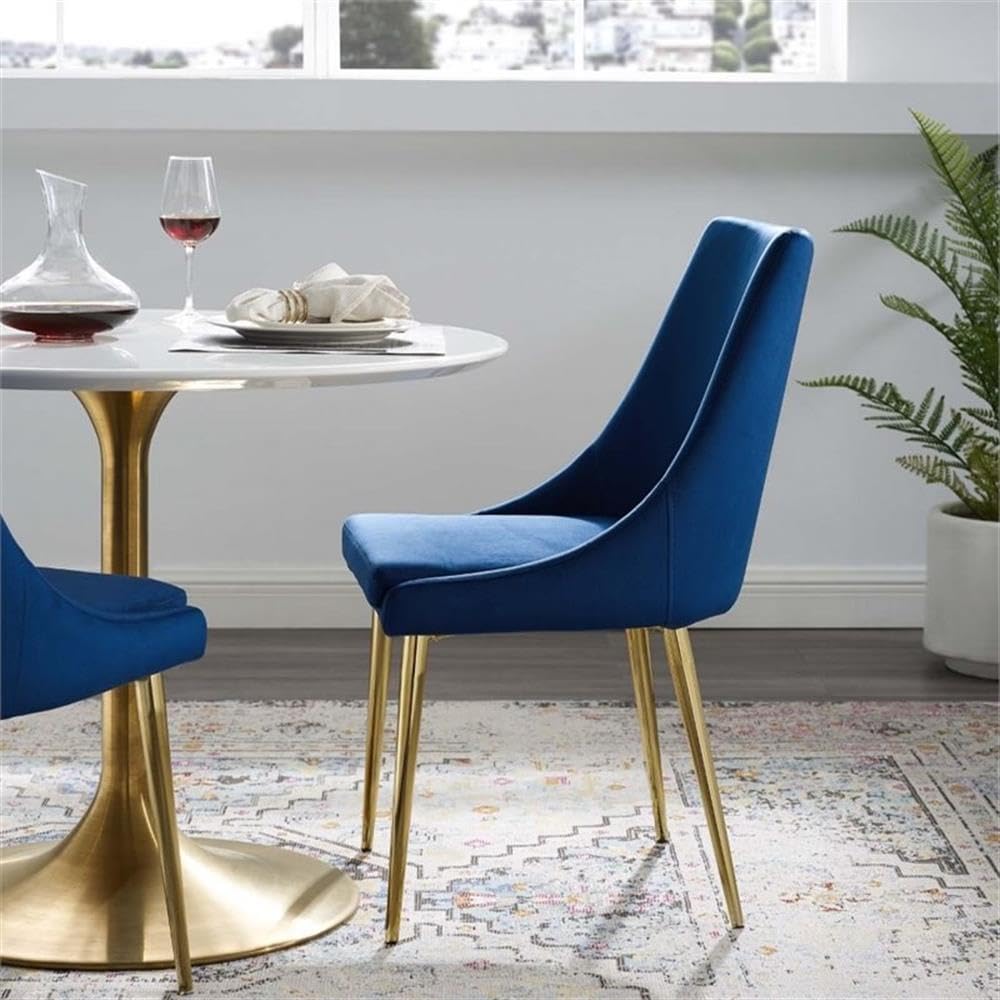 Modway Viscount Performance Velvet Dining Side Chair with Gold Stainless Steel Legs in Navy