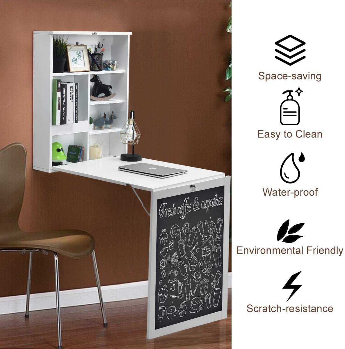 GRAFFY Wall Mounted Folding Desk, Floating Desk with Chalkboard, Multi-Function Wall Mounted Table with Storage Shelves & Hooks, Computer Desk Laptop Workstation Home Office (White)