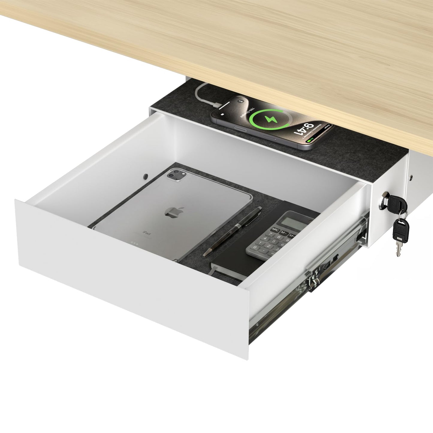 ERGO COLLECT Under Desk Slide Out, Lockable Steel Storage Drawer with Lock and Keys, Full-Extension Slides, Undermount Drawer for Home Office & Standing Desk, 13.8 Inch, White