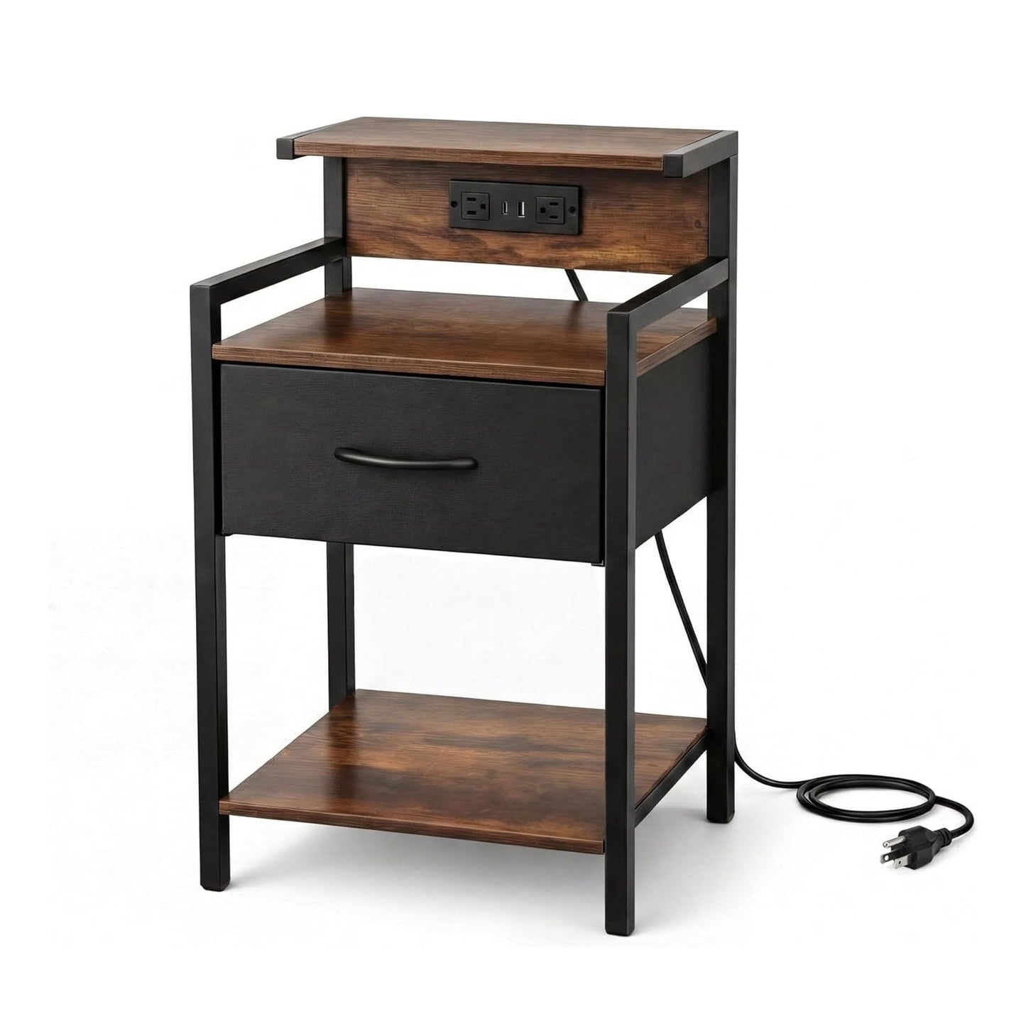 Homiekit Industrial Nightstand with USB Charging Port, Narrow End Side Table with Fabric Drawer & Storage Shelf for Bedroom Living Room