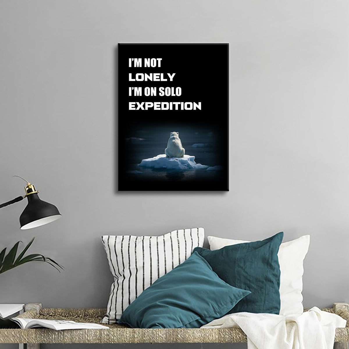 YSPCSUN Introvert Decor Wall Art Funny Solo Expedition Quote Canvas Painting Polar Bear On Iceberg Posters For Home Office Sarcastic Motivational Pictures Ready To Hang 24x18 Inch