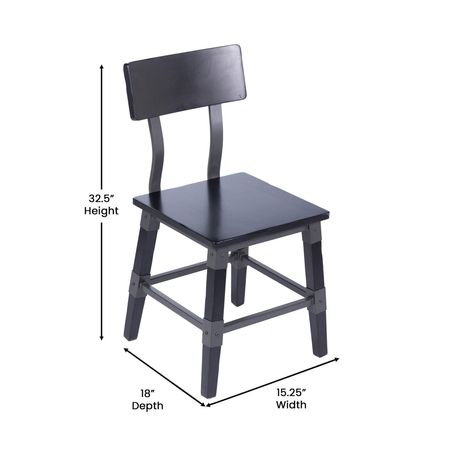 Flash Furniture Jackson Commercial Industrial Wood Dining Chair, Solid Beechwood Frame, Support Bar, Set of 2, Black