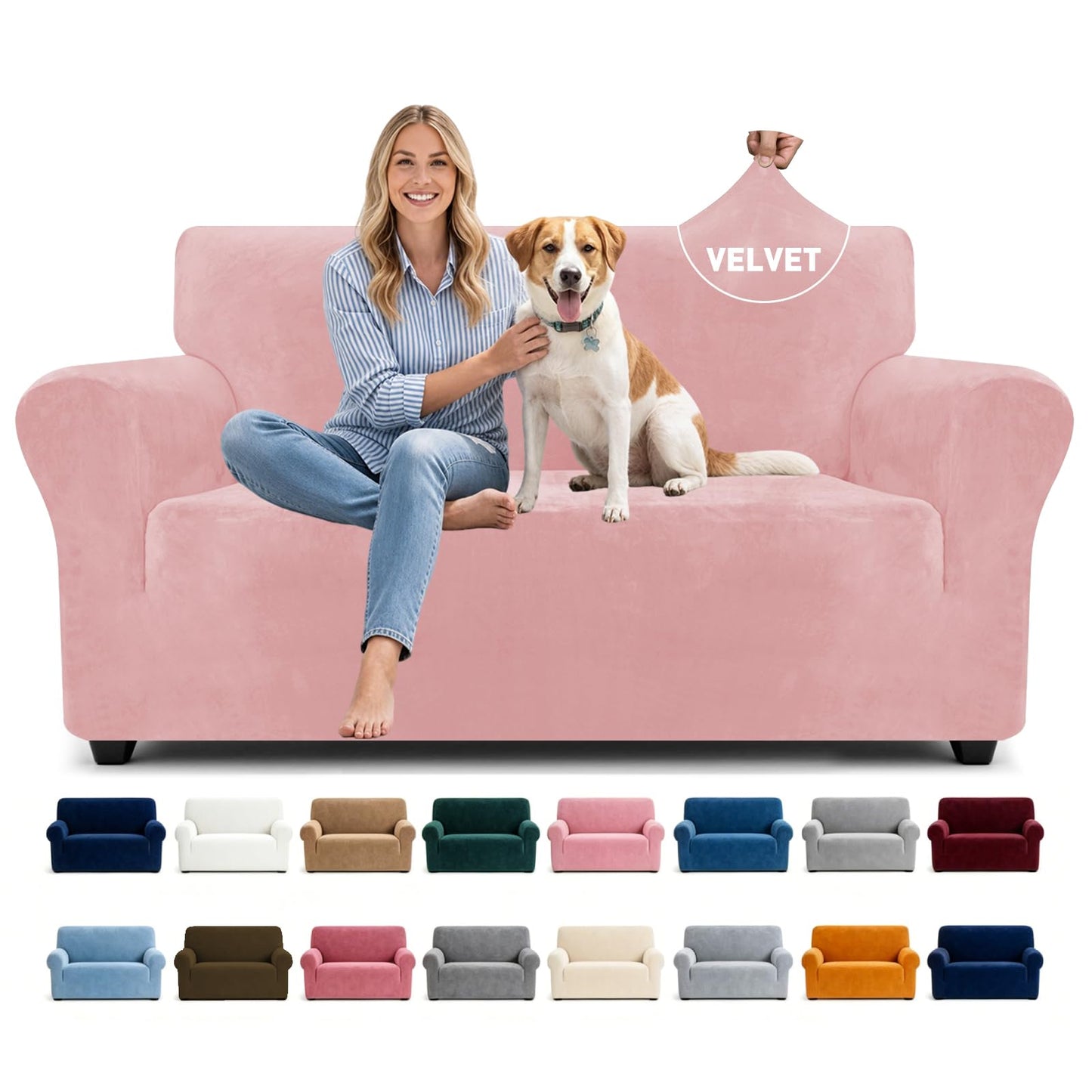 YEMYHOM Real Velvet Couch Covers for 2 Cushion Couch High Stretch 1 Piece Loveseat Slipcover for Pets Dogs Anti Slip Love Seat Sofa Slipcover Furniture Protector (55"-69", Dusty Pink)