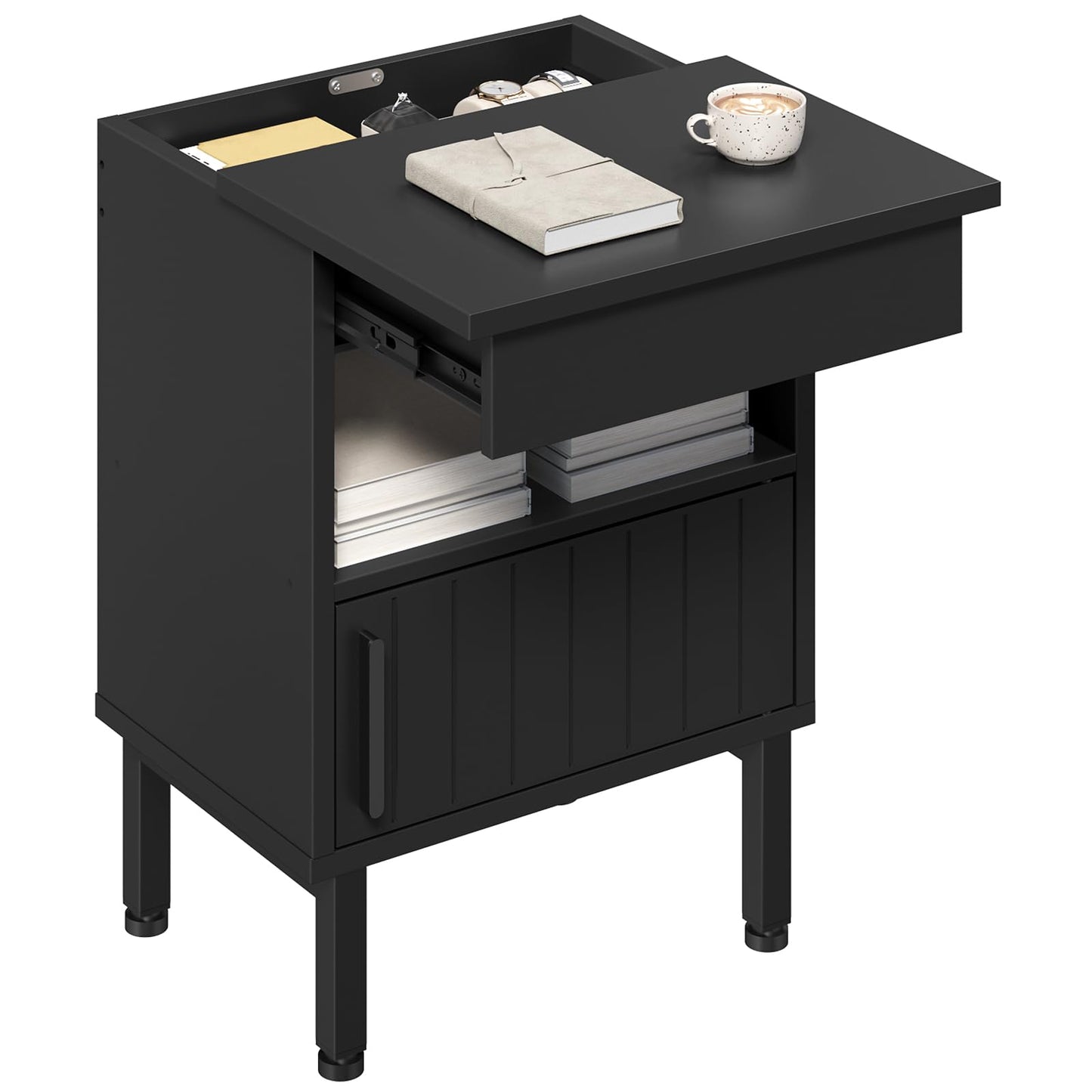 YATINEY Nightstand with Gun Drawer, Bedside Table with Hidden Compartment, End Table with Storage, Night Stand for Bedroom, Office, Black ET22BB
