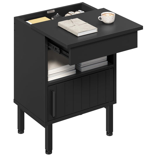 YATINEY Nightstand with Gun Drawer, Bedside Table with Hidden Compartment, End Table with Storage, Night Stand for Bedroom, Office, Black ET22BB