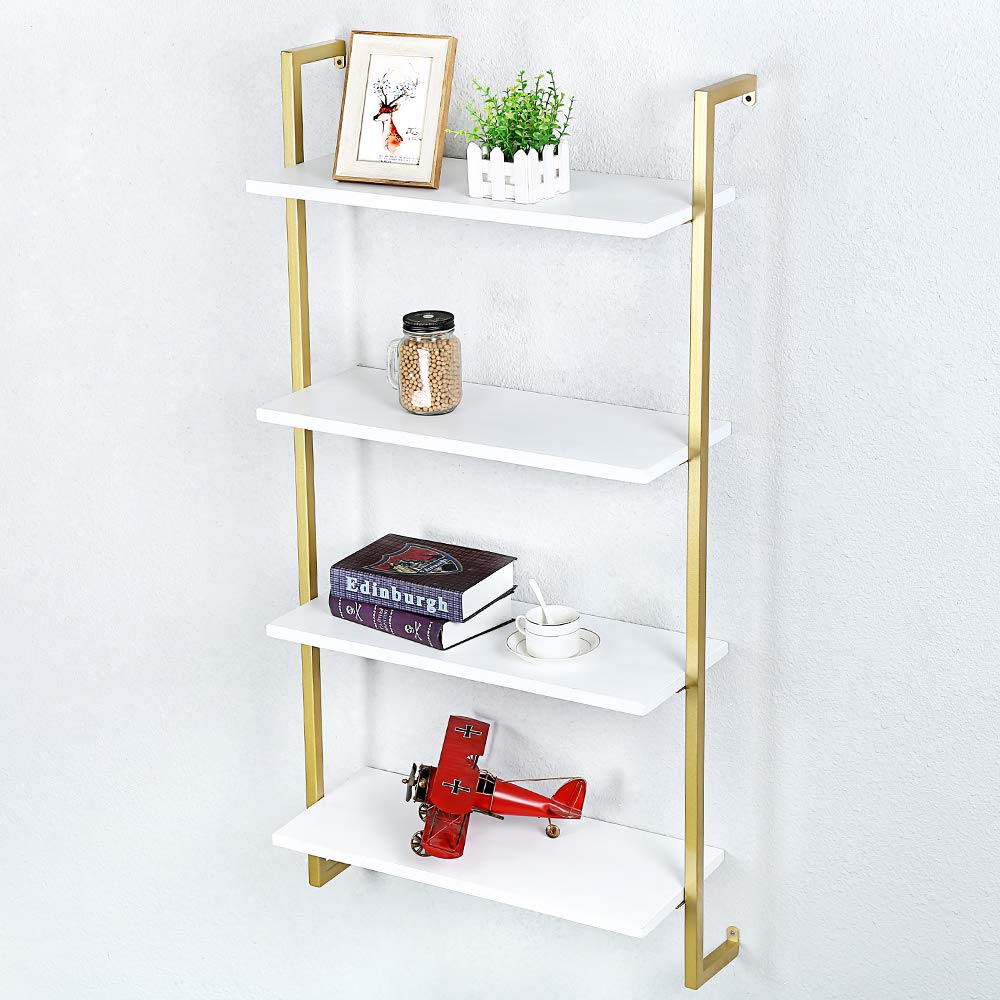 OLDRAINBOW Industrial Metal Wall Shelf,Floating Wood Shelves Wall Mounted,24in Iron Real Wood Book Shelves,4 Tier Bookshelf Shelving