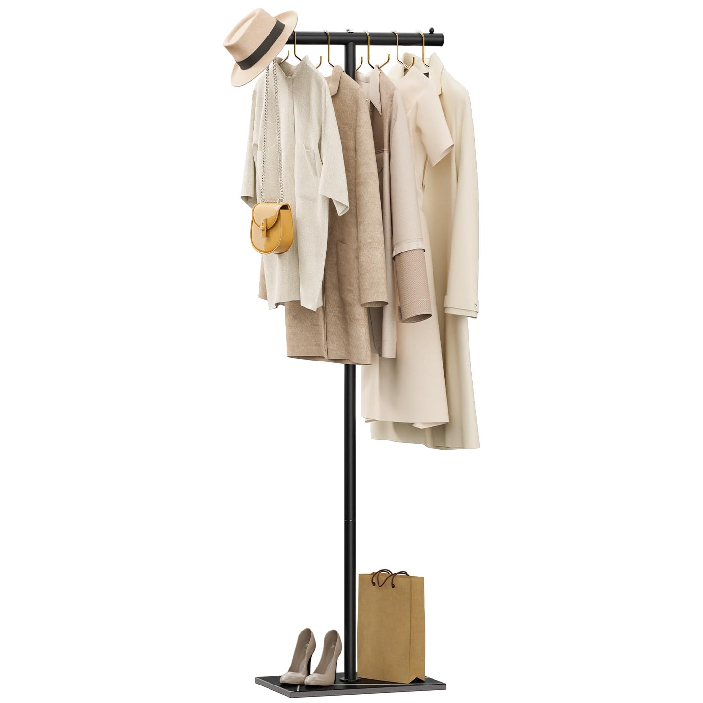 OUTBROS T-shaped Coat Rack Freestanding, Modern Clothes Rack with Rock Slab Base, Heavy-duty Metal Coat Hanging Rack for Boutiques, Hallway, Entryway, 68.9 Inches High, Black