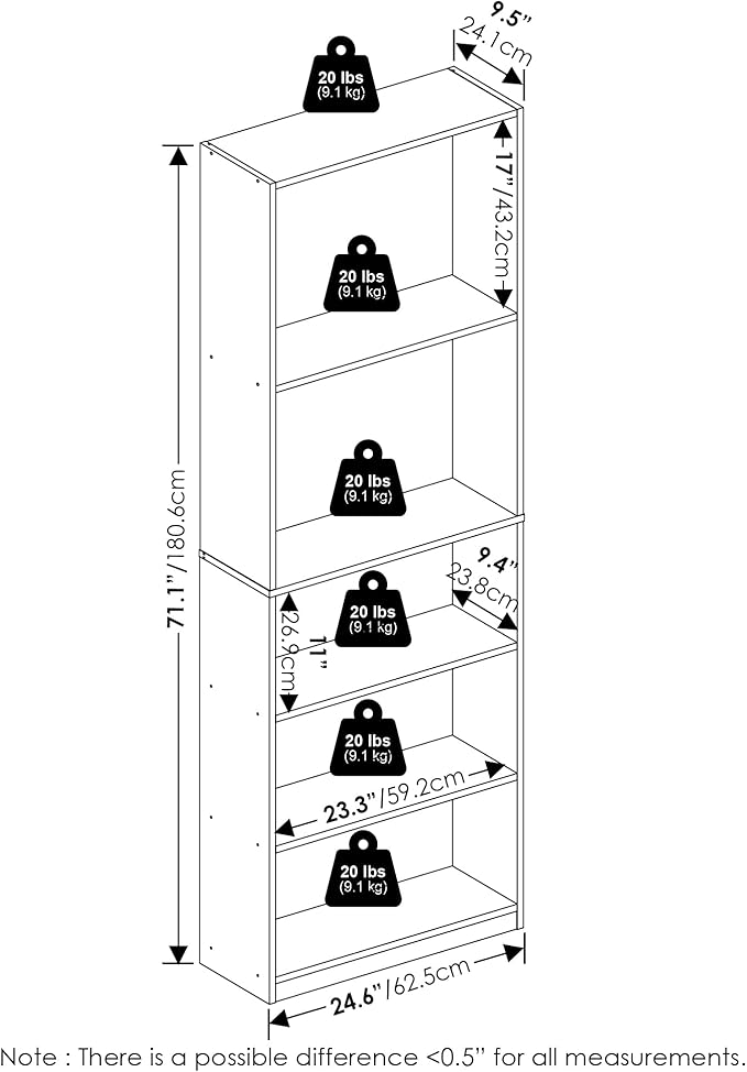 Furinno Jaya Book Shelf, 5-Tier Tall Book Shelf, Bookcase