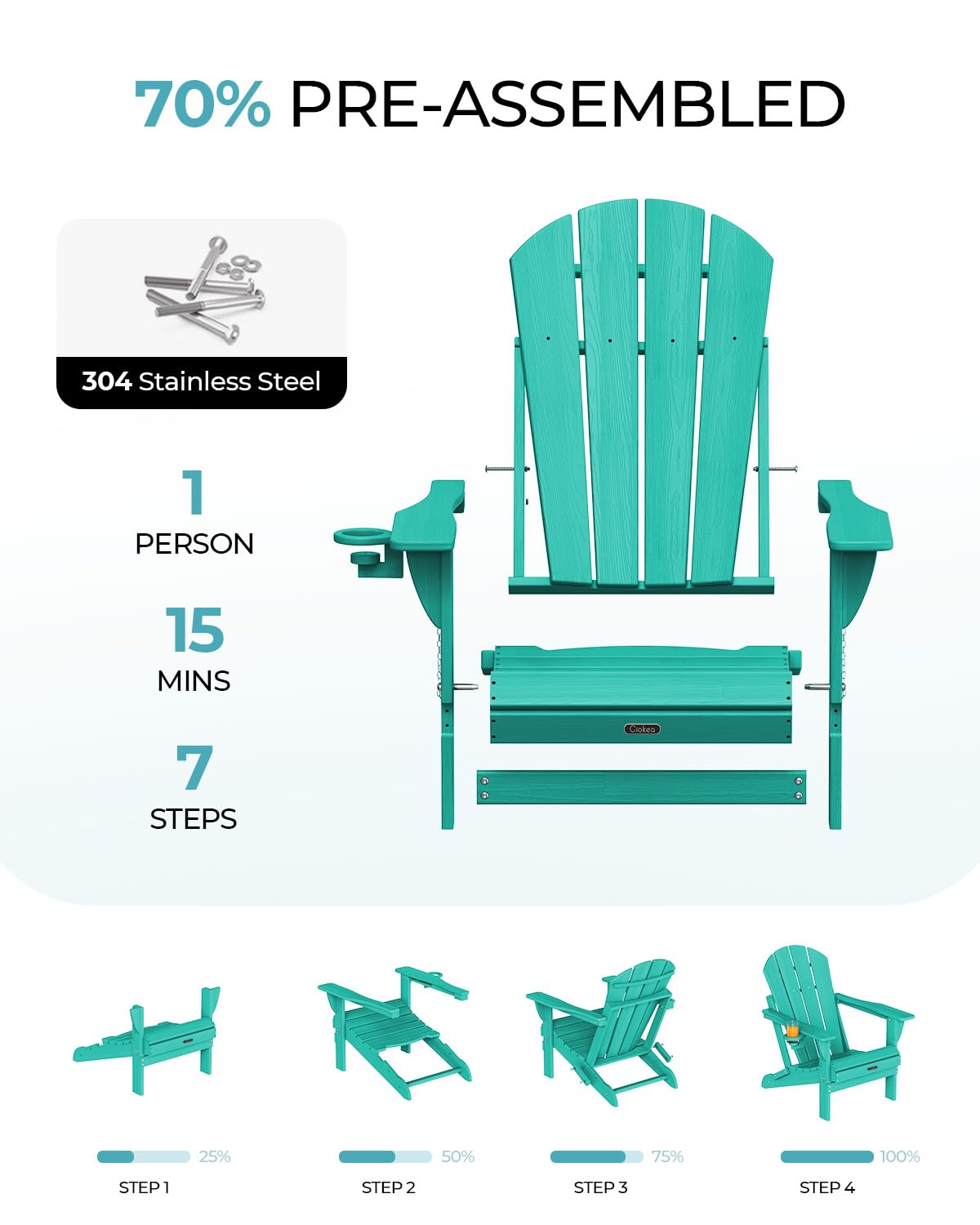 Ciokea Folding Adirondack Chair Wood Texture, Patio Adirondack Chair Weather Resistant, Plastic Fire Pit Chair with Cup Holder, Lawn Chair for Outdoor Porch Garden Backyard Deck (Lake Blue)