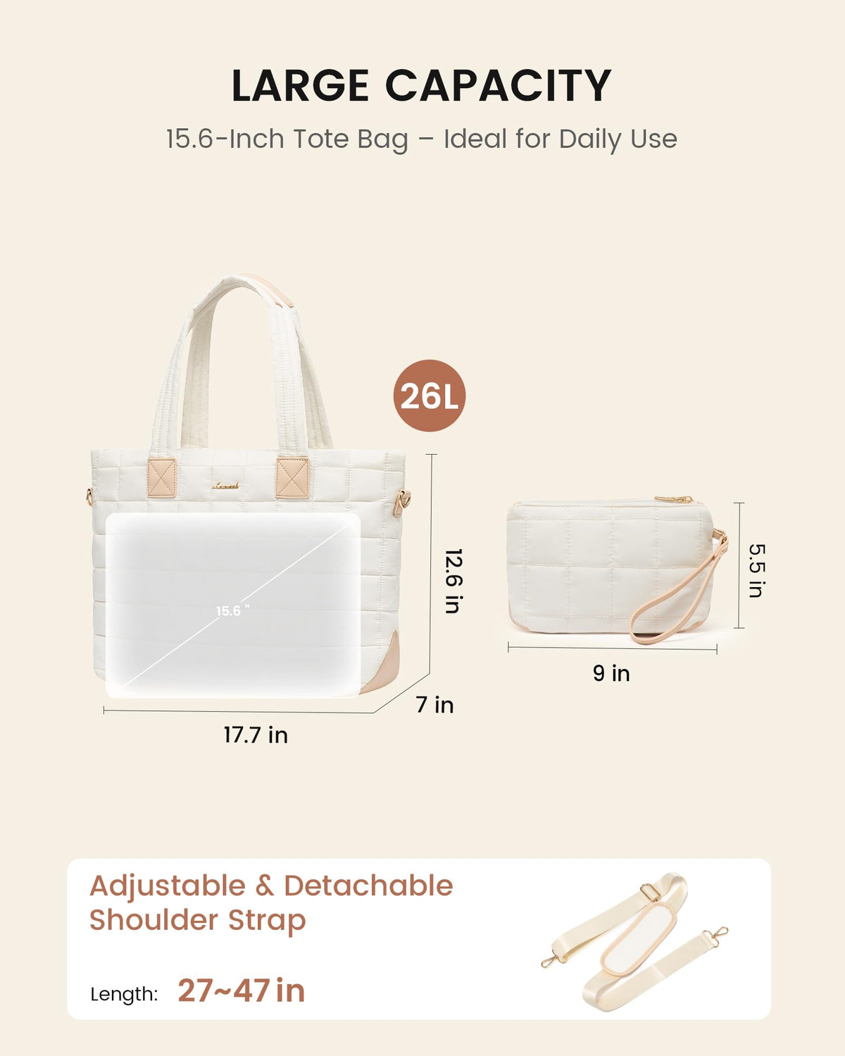 LOVEVOOK Laptop Tote Bag for Women, 15.6 Inch Large Puffer Work Computer Tote Bags for Teacher Nurse, Quilted Women's Purse Tote Shoulder Handbags with Zipper for Travel College Office Gym, Beige