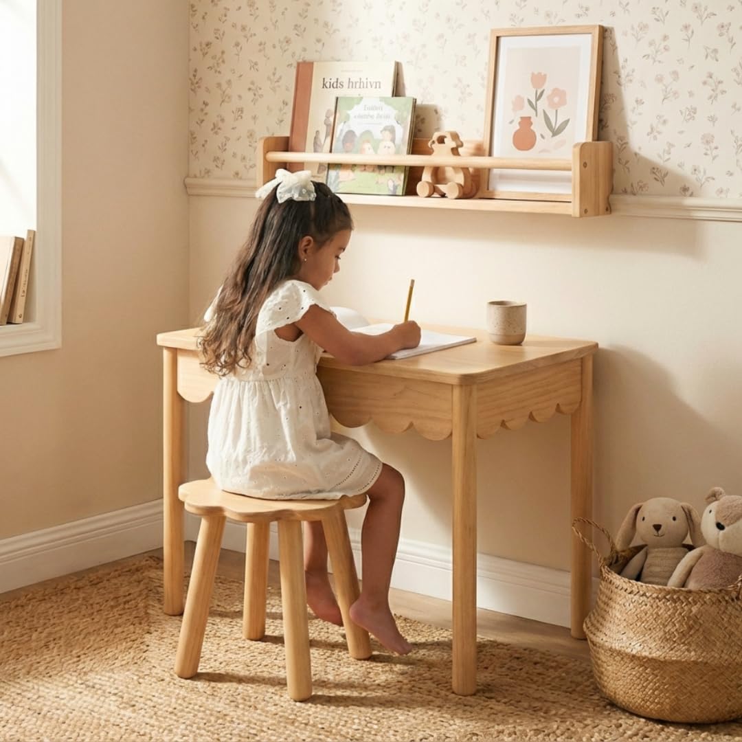 CAALMA Kids Table and Chair Set (Ages 3–7), Solid Wood with Lift-Top Hidden Storage - Montessori Table and Chair Set with Scalloped Design, Easy-Clean Surface & Gold Hardware