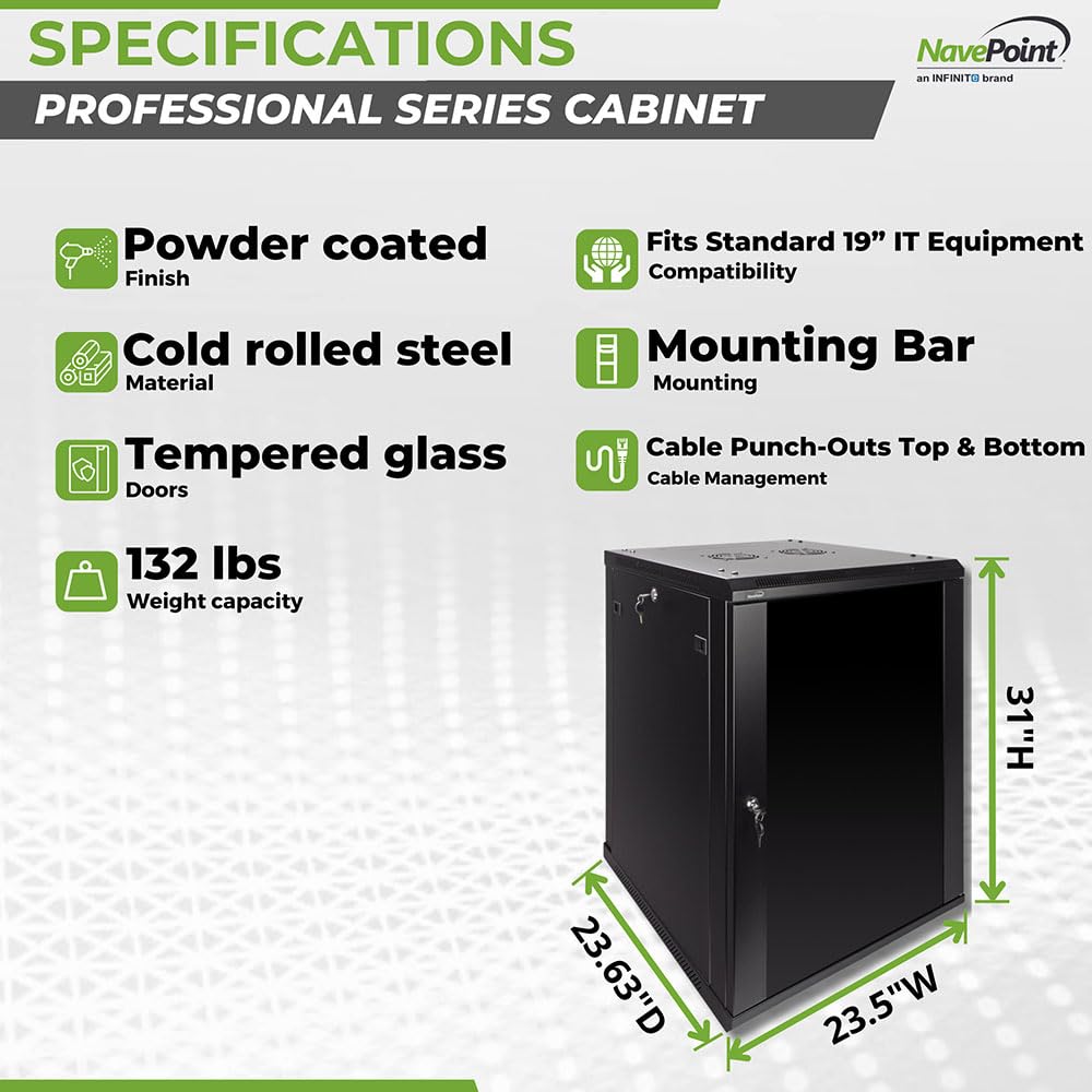 Navepoint 15U Deluxe IT Wallmount Cabinet Enclosure 19-Inch Server Network Rack with Locking Glass Door 24-Inches Deep Black