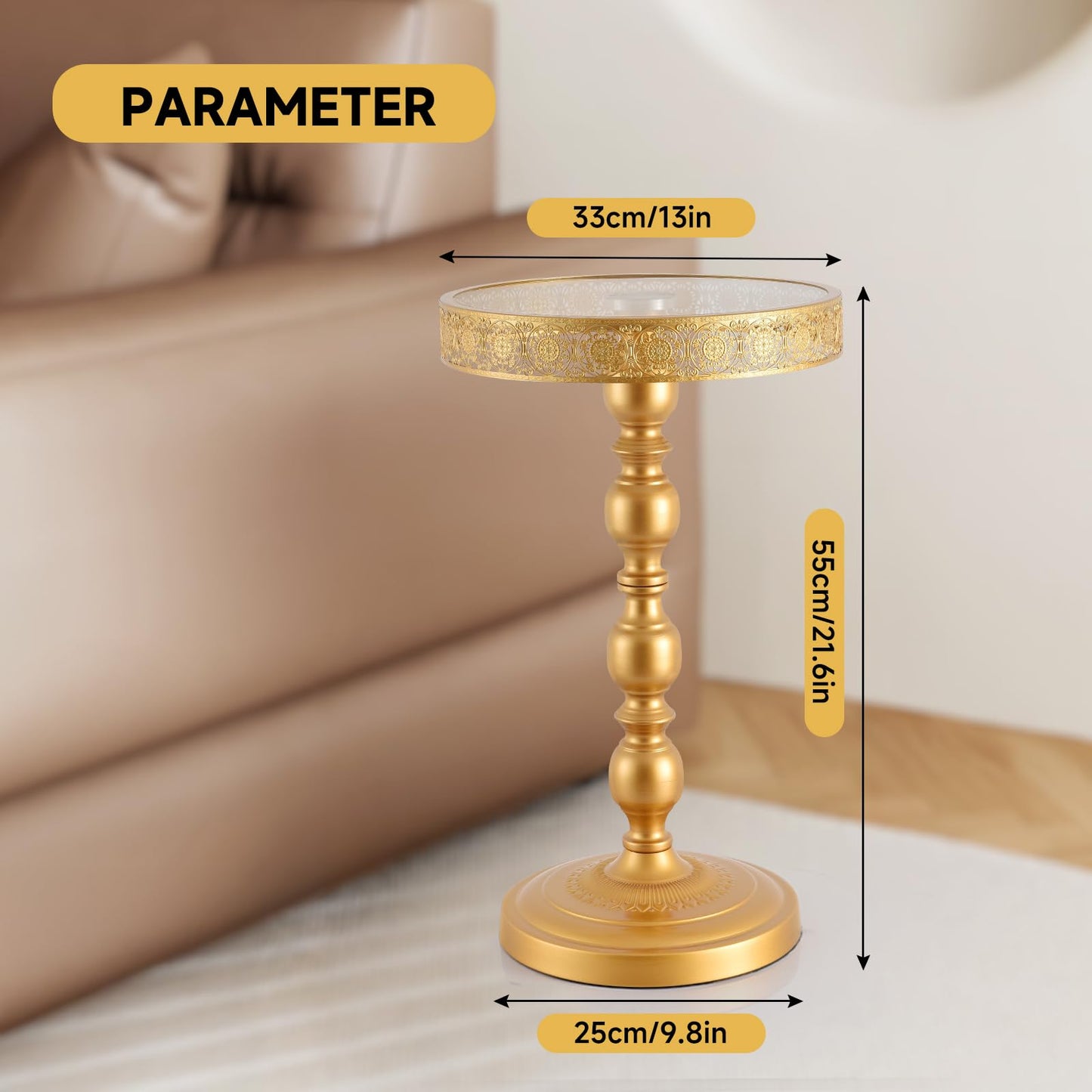 taotanra-Gold Round End Table with Glass Top, Hollow-Carved Metal Frame Small Pedestal Side Table, Modern Accent Coffee Table for Living Room Bedroom Entryway Home Decor