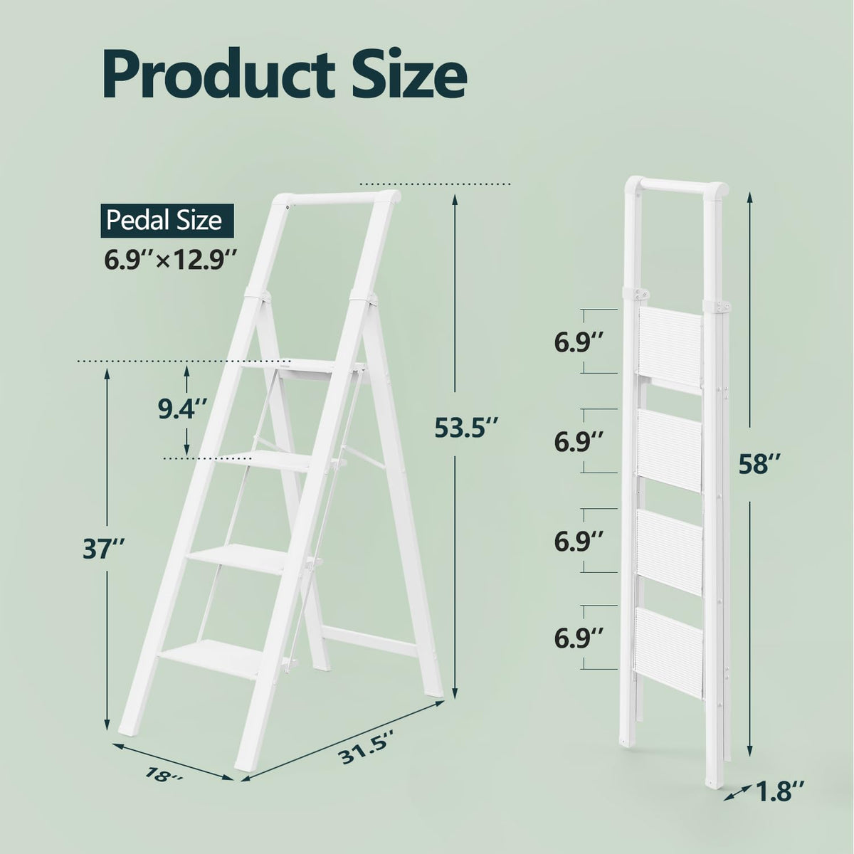 WOA WOA 4 Step Ladder, Ladders for Home, Anti-Slip Aluminum Pedals, Step Stool Foldable, Lightweight to Move, Ease of Storage, Reach 9ft for Closet Kitchen Library, Hold 300lbs - White
