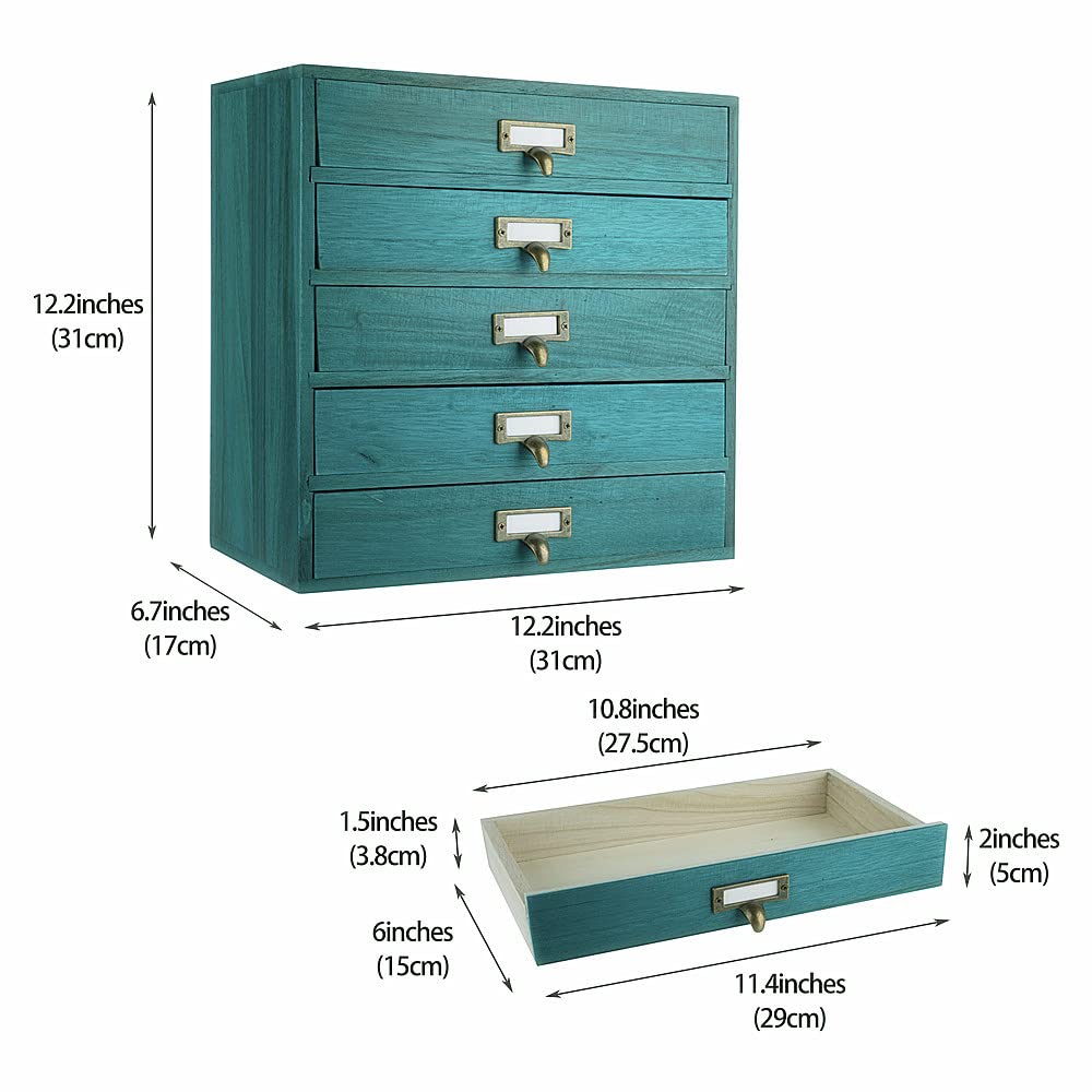 GoooodGIFT Small Wooden Drawers Rustic Desk Organizers and Accessories Wooden Storage Box with Drawers Desktop Storage Library Card Catalog Cabinet School Supply Storage Apothecary Cabinet(S-BLUE)