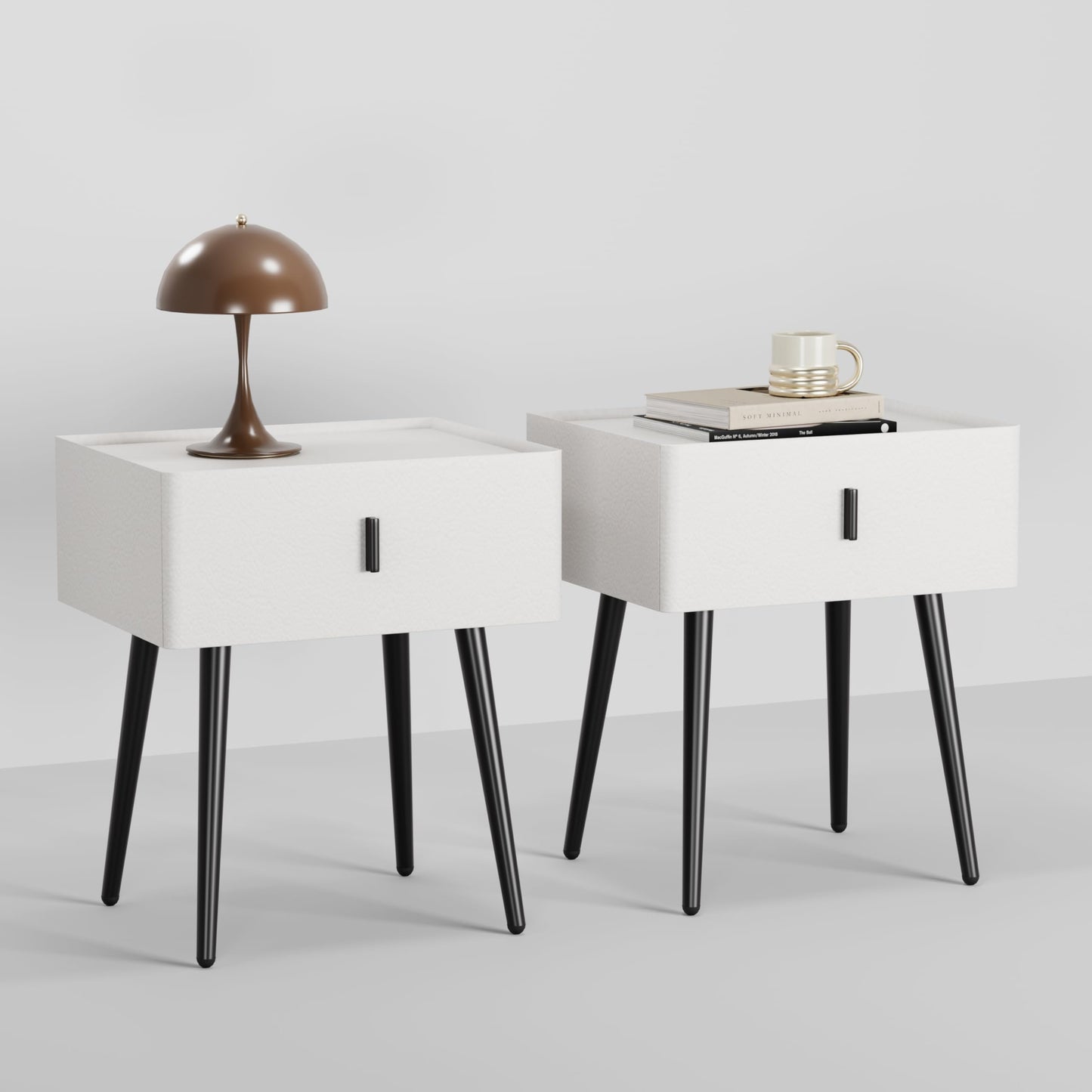 Nightstand Set of 2 with Single Drawer,Leather Side Table,Modern Bedside Table with Metal Legs for Bedroom,Small Accent End Table,White