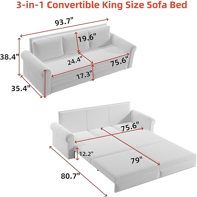 93.7" King Pull Out Sofa Bed, 3 in 1 Convertible Sleeper Sofa Couch 3-Seater