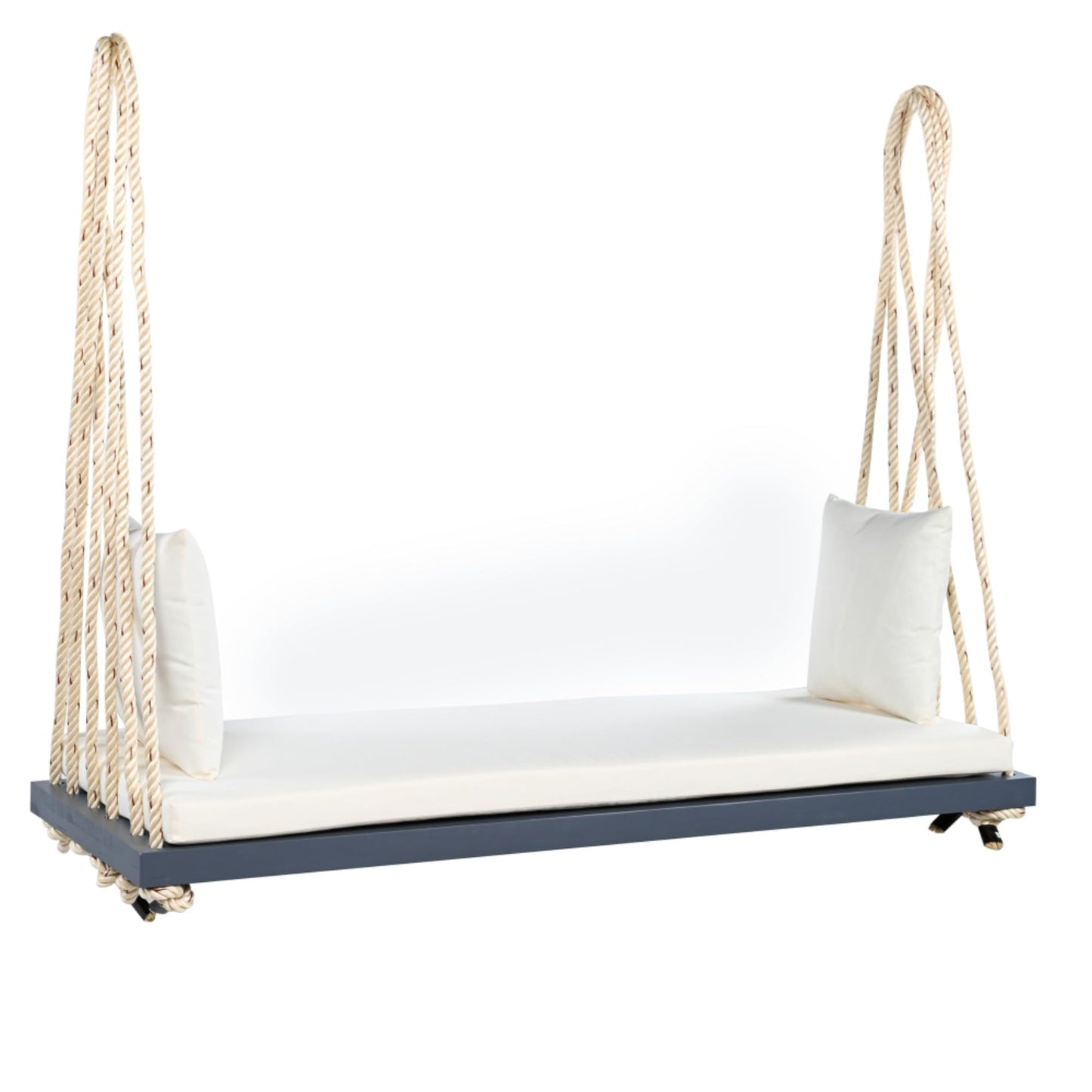 Patio Wooden Swing Chair, Acacia Wood Hanging Porch Swing Bench with Cushion & Pillows, Heavy Duty Hemp Ropes Swing Chair for Garden, Backyard, Lawn & Outdoor Relaxation (Gray)