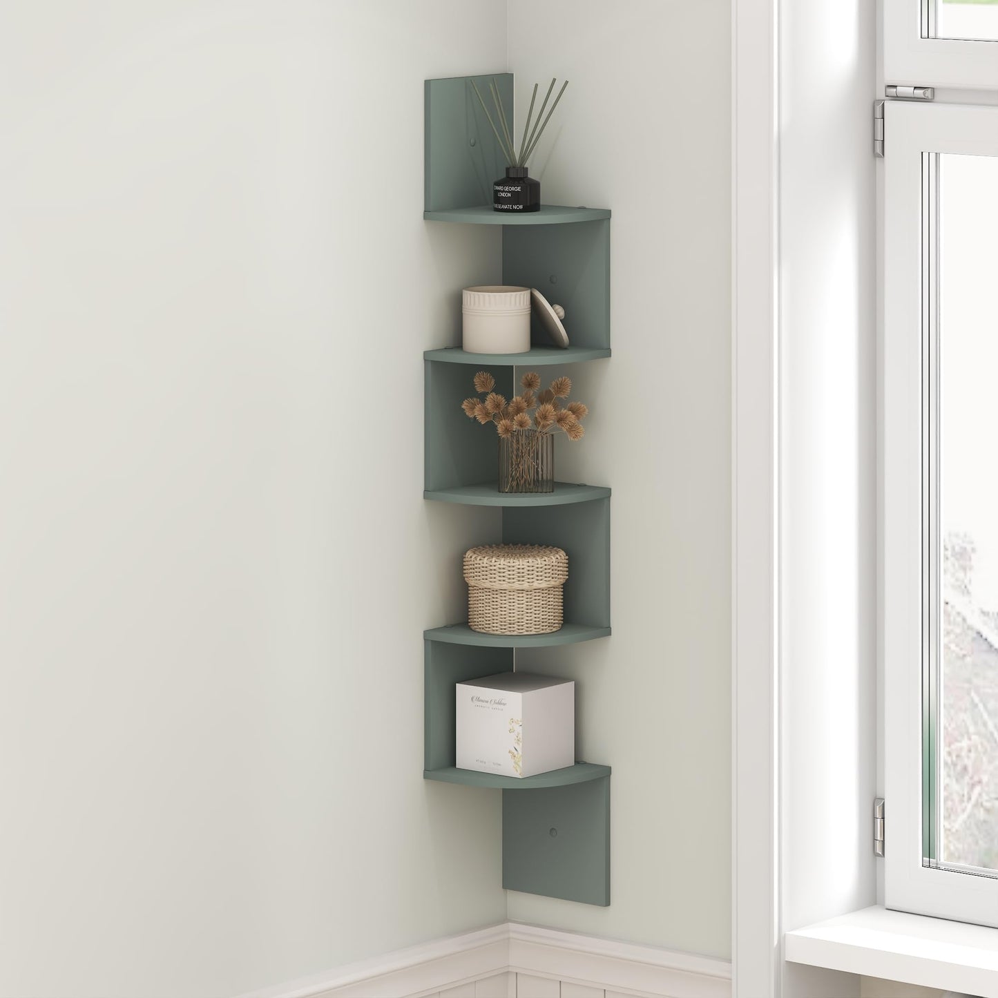 Furinno Rossi Floating Book Shelves for Wall, 5-Tier Zigzag Corner Shelf Wall Mounted, Radial Corner Floating Shelf, for Living Room, Bedroom, Bathroom, Home Office, Sage Green